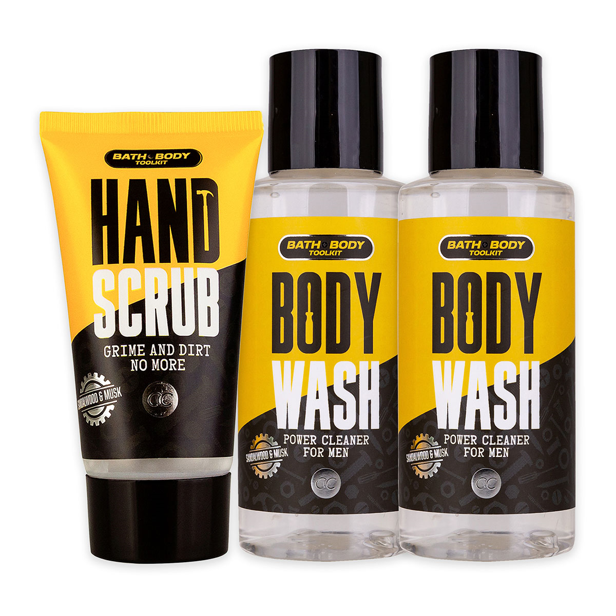 Kúpeľový set Bath and Body toolkit v plastovej vani, vr. 2 x 100 ml Sprchový gél, 50 ml peeling na ruke, 15 g sieťovaná huba, vôňa: santalové drevo a pižmo