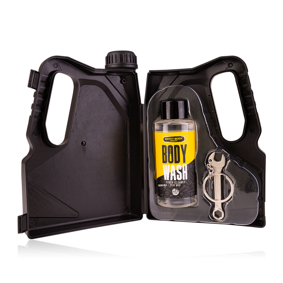 Kúpeľový set Bath and Body toolkit v darčekovej krabičke v tvare kanistra vr. 100 ml Sprchový gél, prívesok na kľúče, vôňa: santalové drevo a pižmo