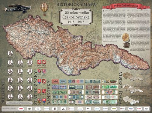 Historická mapa nástenná 100 rokov vzniku Československa 1918-2018