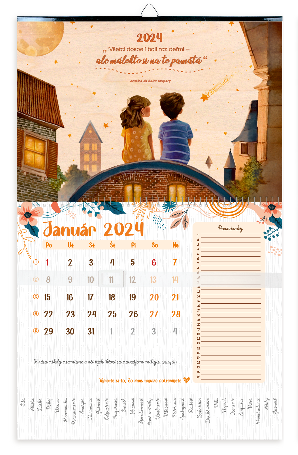 Drevený nástenný kalendár Na streche detstva 2024 Cozywood