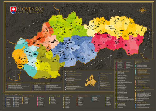 Nástenná mapa Slovenska vlastivedná (bez stieracej vrstvy), štandardný biely tubus s nálepkou