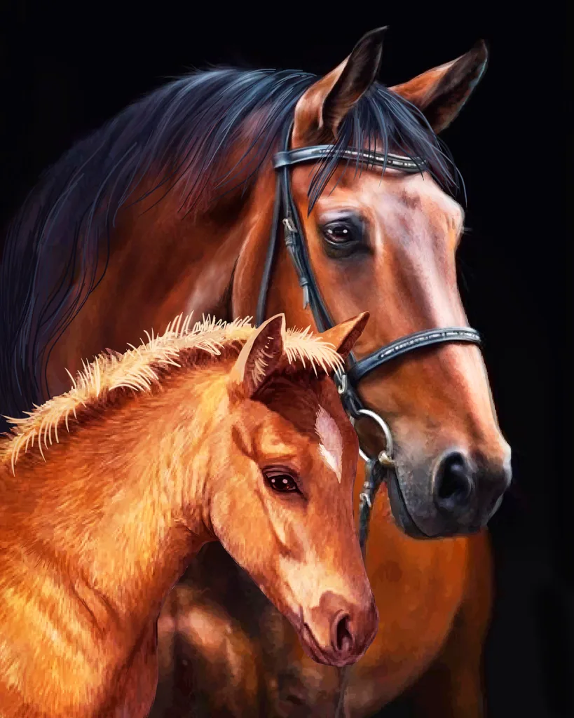 Obraz v lištách Gaštanové kobyly (35x45 cm) vykladanie z diamantov