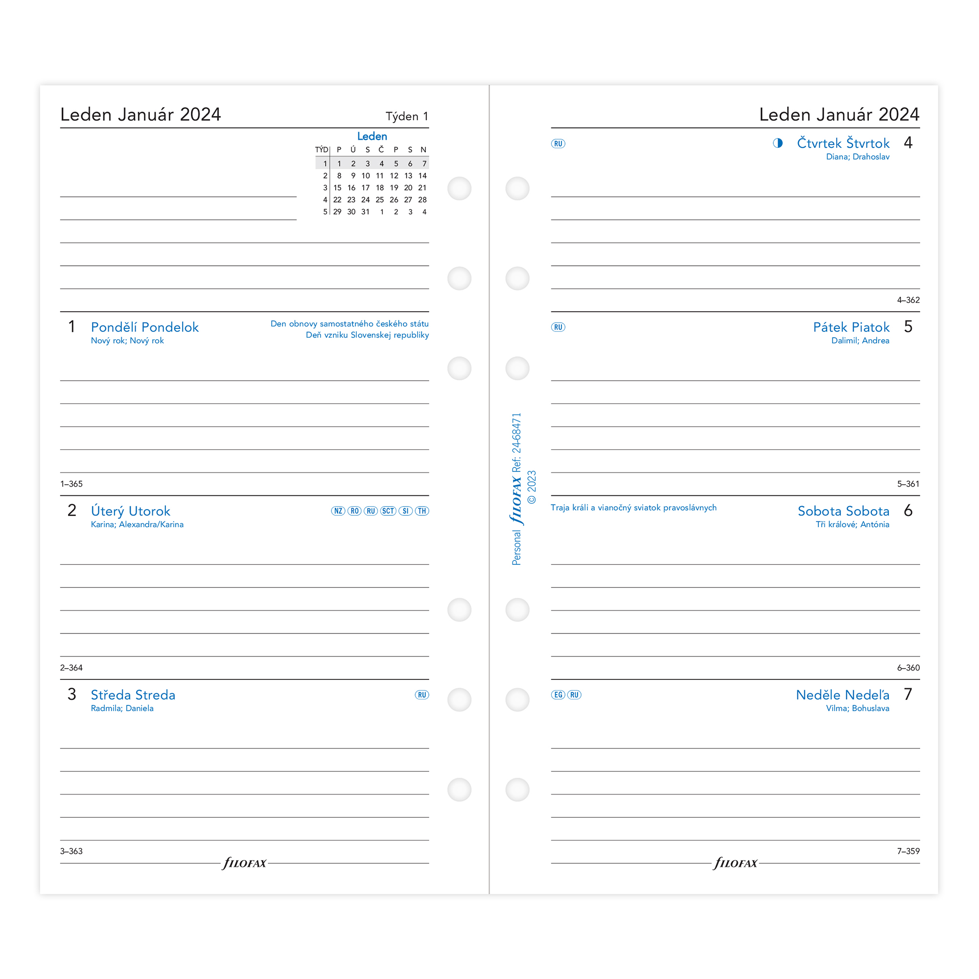 Kalendár Filofax osobný A6 týždeň/2 strany ČJ+SJ 2024, linajkový