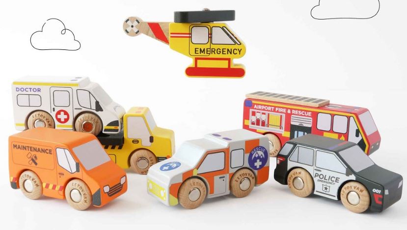 Set drevených Záchranných autíčok s helikoptérou
