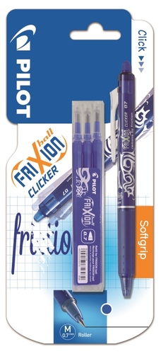 Pilot Sada Roller FriXion Ball Clicker + 3 ks náplň, 0.7, blister, Modrá