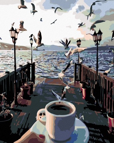 Maľovanie podľa čísel Šálok kávy a čajky nad morom 40x50cm Zuty