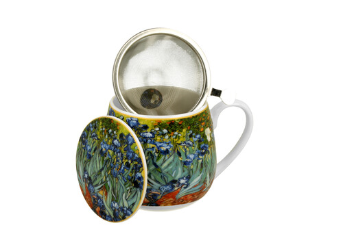 Porcelánový sudový hrnček so sitkom a krytom Vincent Van Gogh - Irises 430 ml