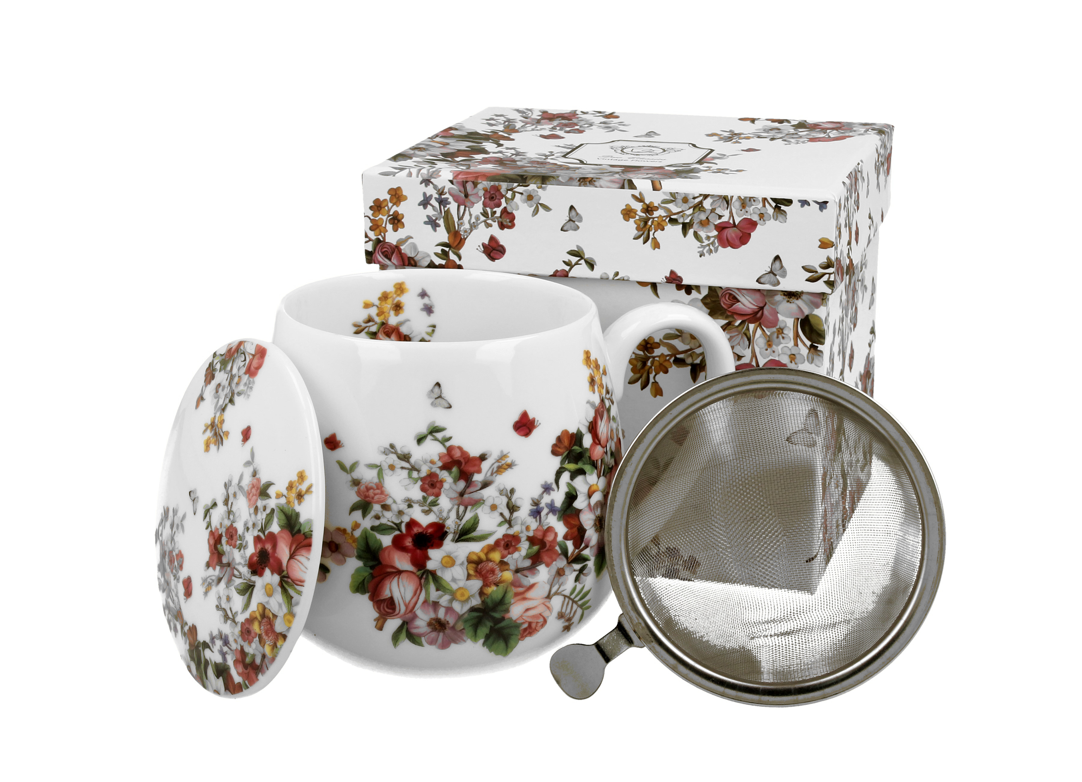 Porcelánový sudový hrnček so sitkom a krytom Vintage kvety 430 ml