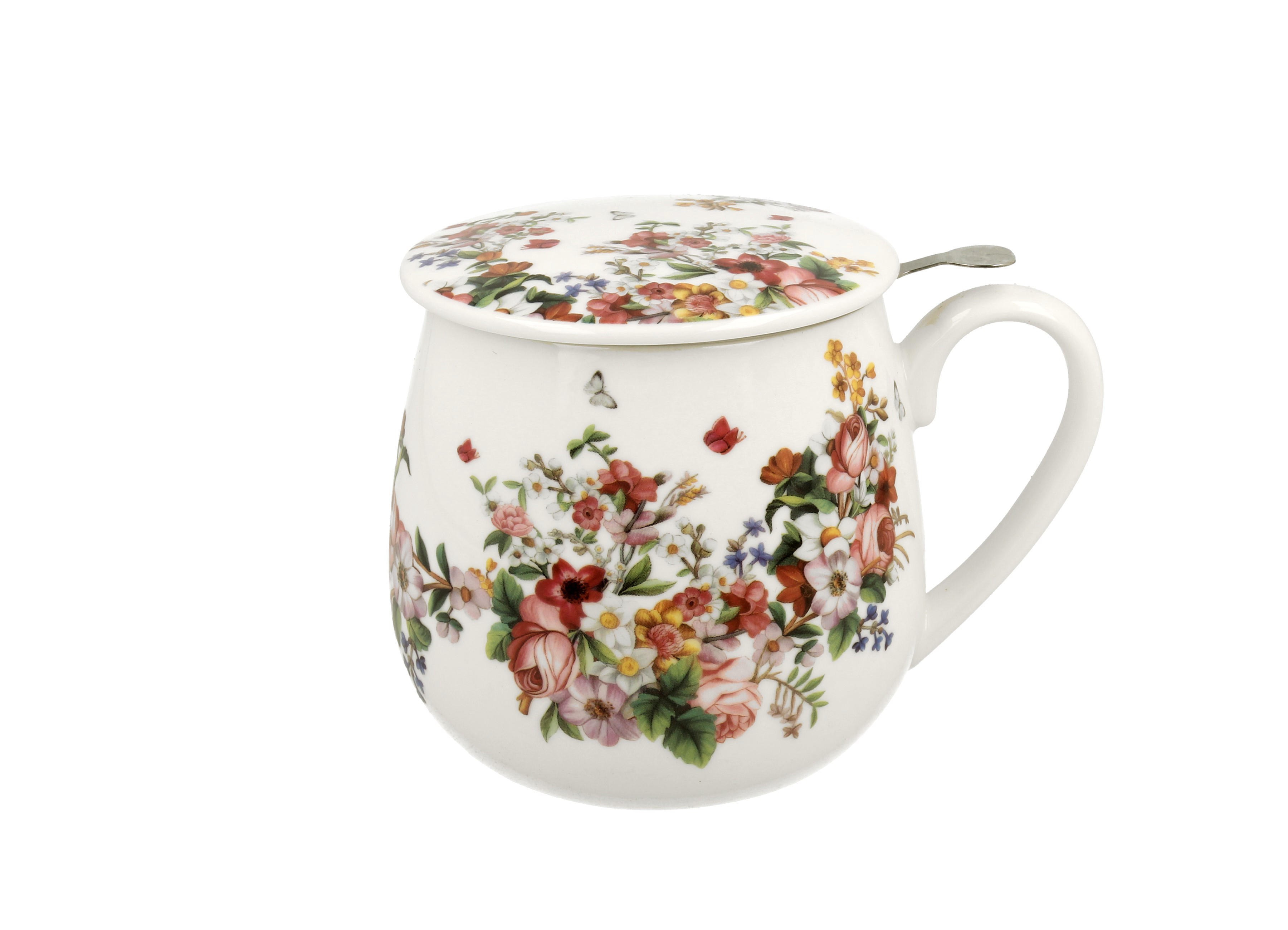 Porcelánový sudový hrnček so sitkom a krytom Vintage kvety 430 ml