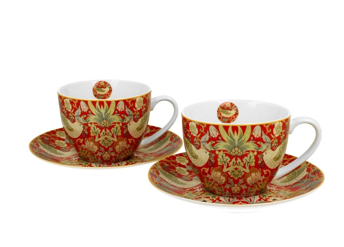 Sada dvoch šálok s podšálkou William Morris - Strawberry Thief Red 280 ml