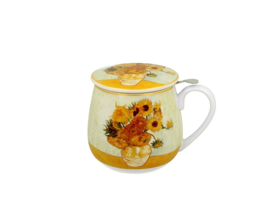 Porcelánový sudový hrnček so sitkom a krytom V. van Gogh - Sunflowers 430 ml