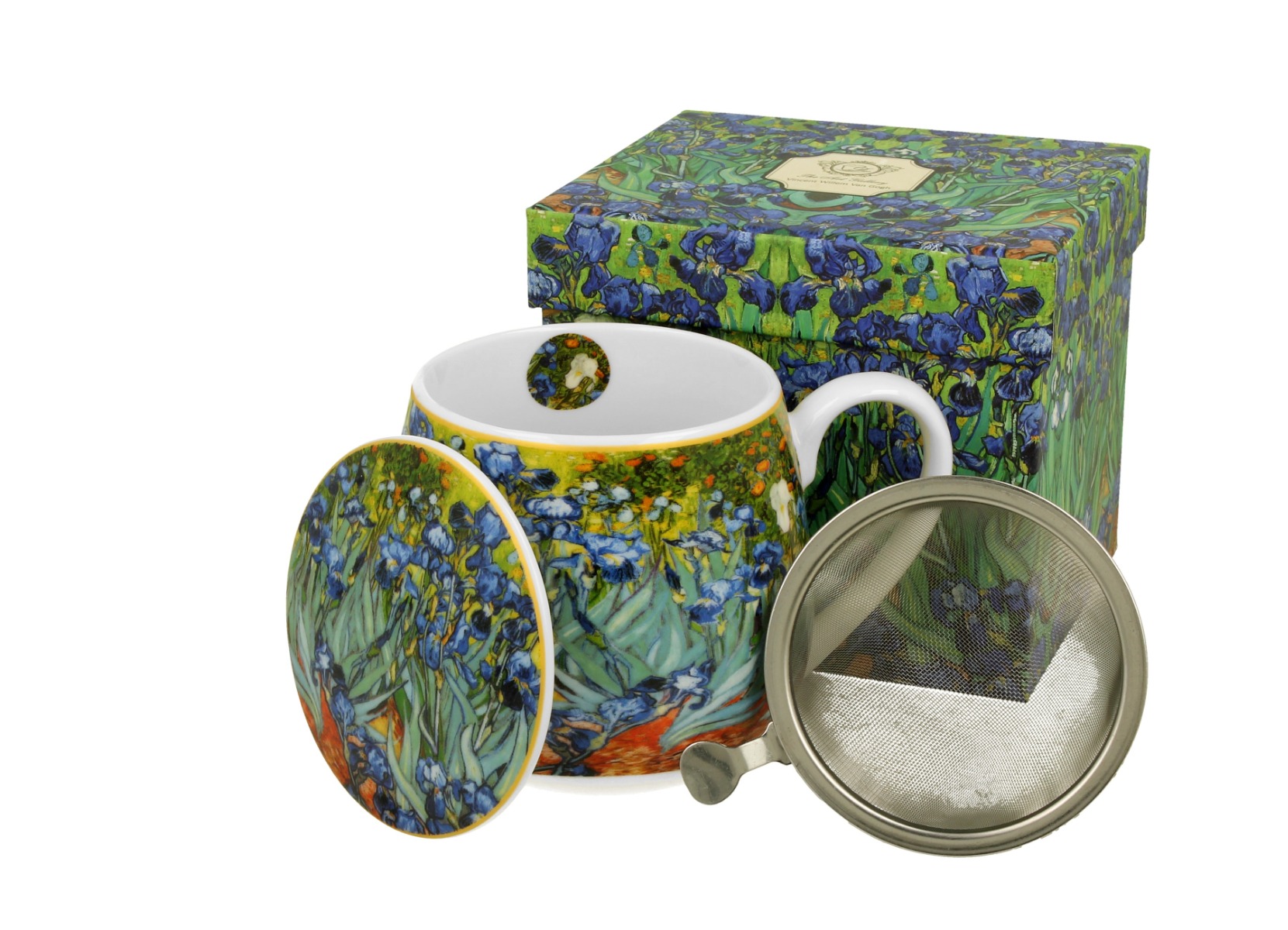 Porcelánový sudový hrnček so sitkom a krytom Vincent Van Gogh - Irises 430 ml