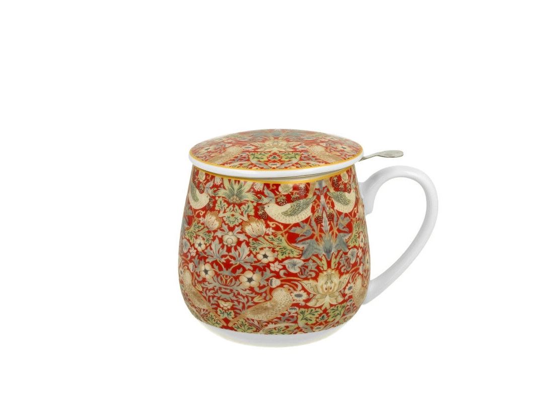 Porcelánový sudový hrnček so sitkom a krytom William Morris - Strawberry Thief Red 430 ml