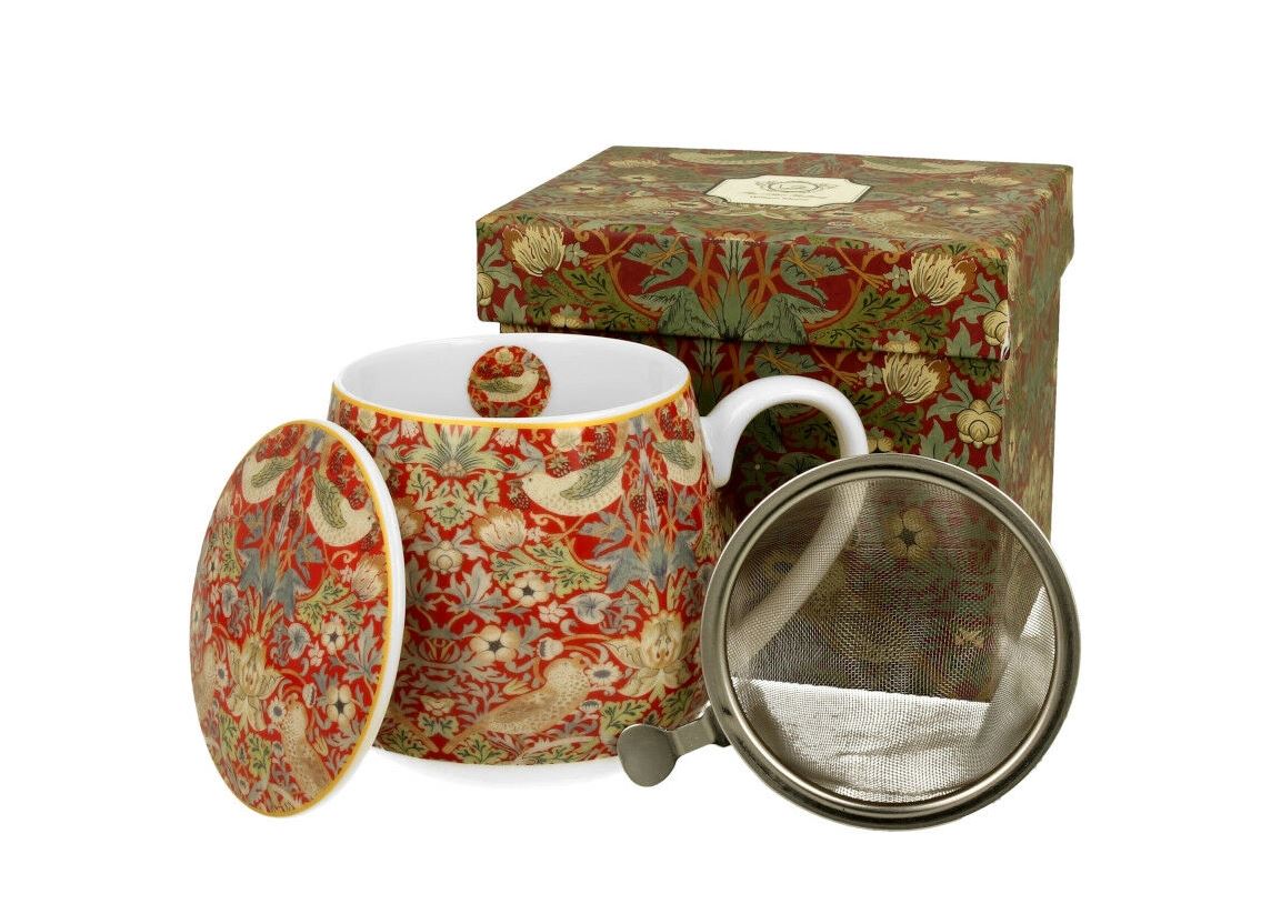 Porcelánový sudový hrnček so sitkom a krytom William Morris - Strawberry Thief Red 430 ml