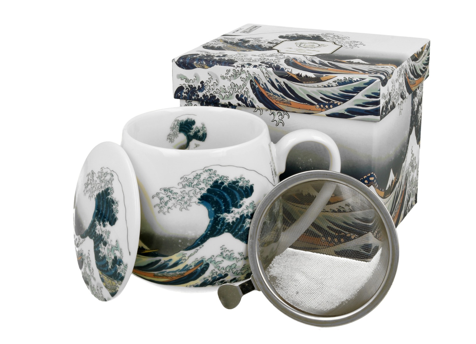 Porcelánový sudový hrnček so sitkom a krytom K. Hokusai - The Great Wave 430 ml