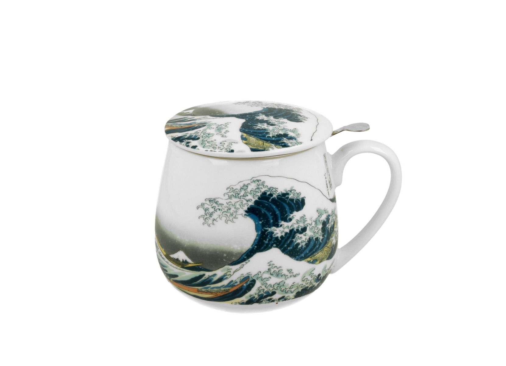 Porcelánový sudový hrnček so sitkom a krytom K. Hokusai - The Great Wave 430 ml