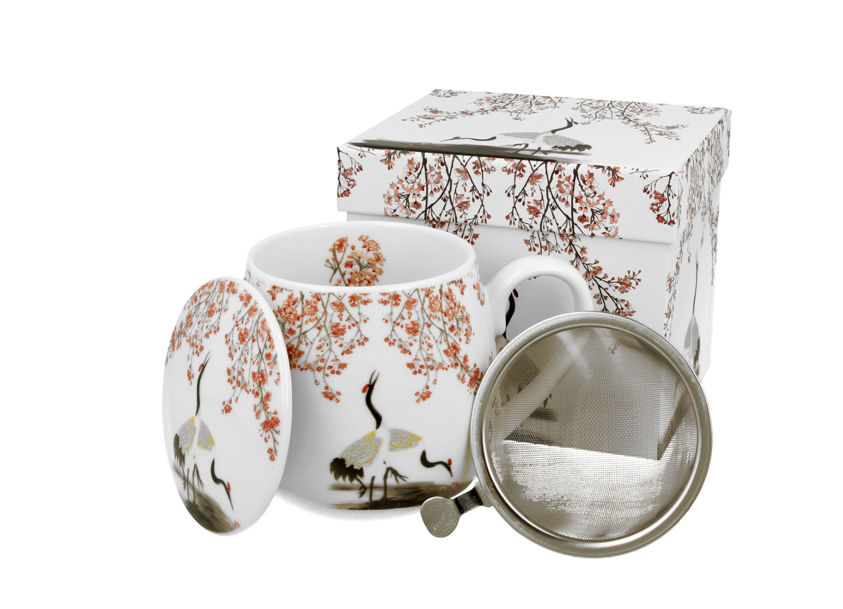 Porcelánový sudový hrnček so sitkom a krytom Sakura & Cranes 430 ml