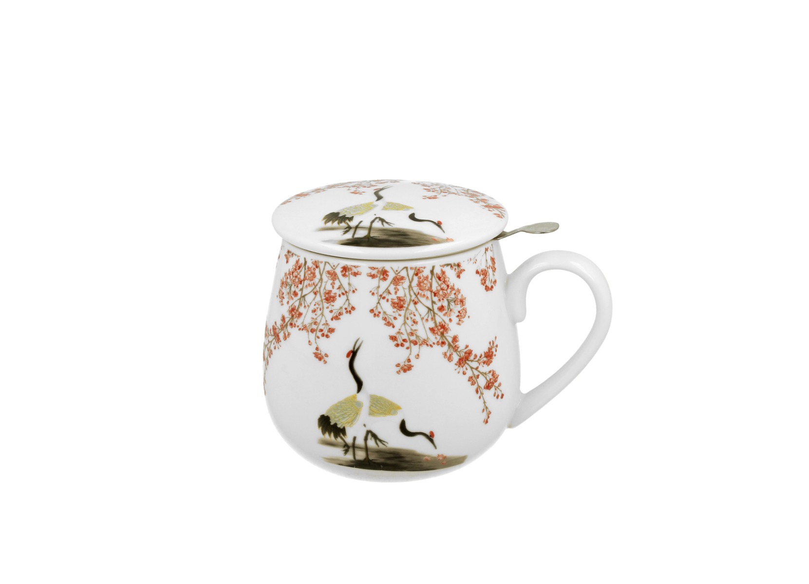 Porcelánový sudový hrnček so sitkom a krytom Sakura & Cranes 430 ml