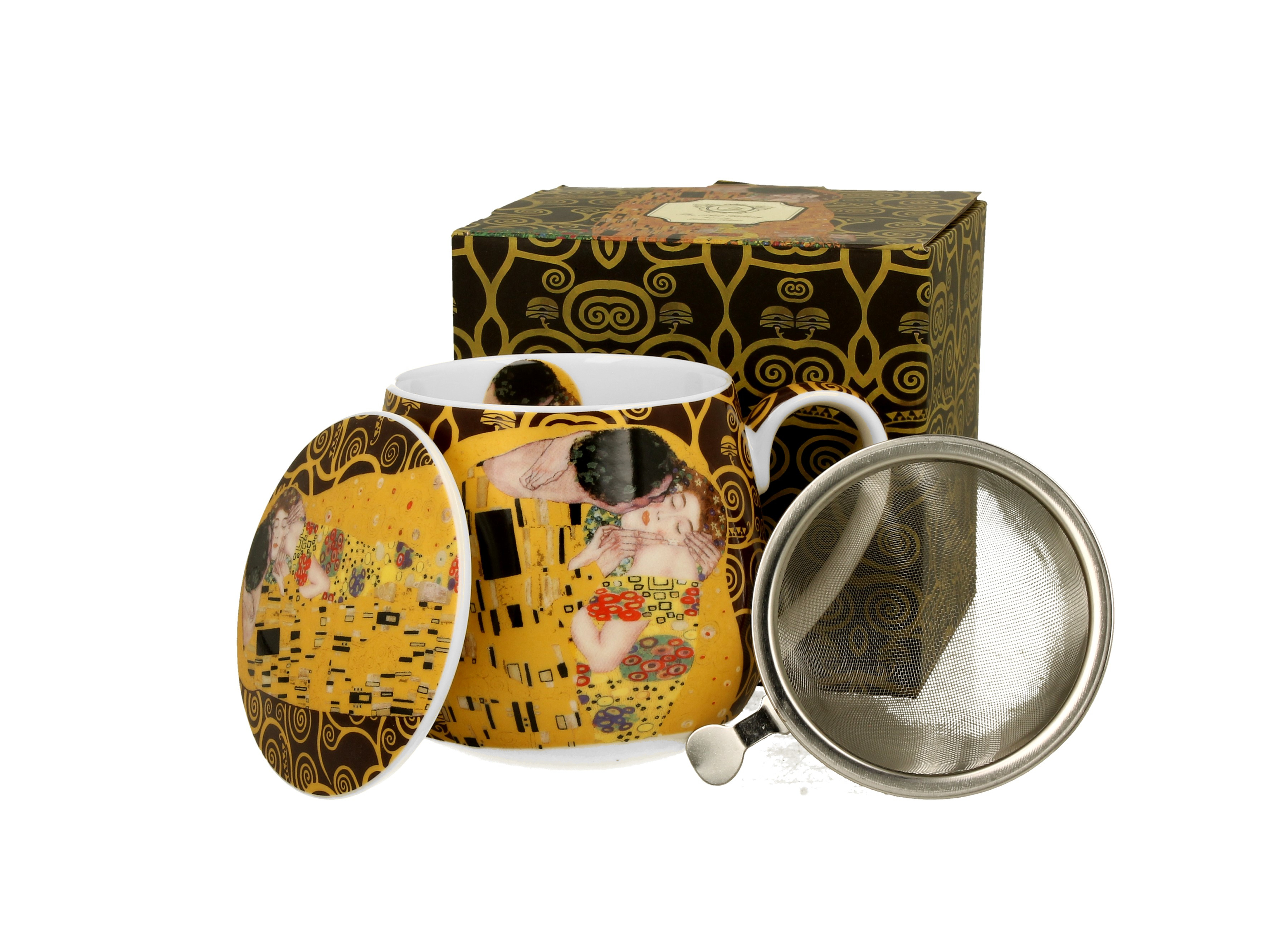 Porcelánový sudový hrnček so sitkom a krytom Gustav Klimt - The Kiss Brown 430 ml