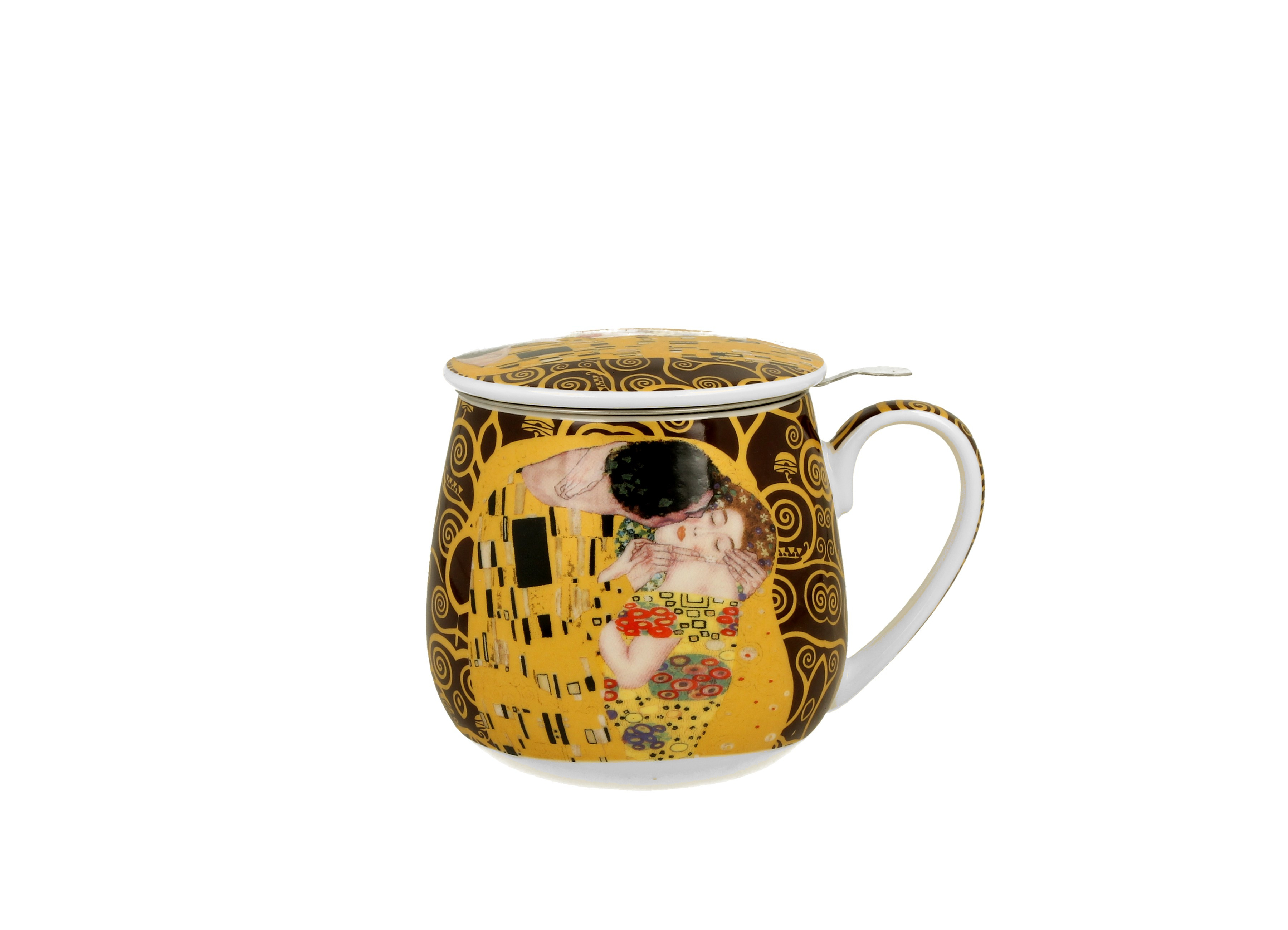 Porcelánový sudový hrnček so sitkom a krytom Gustav Klimt - The Kiss Brown 430 ml