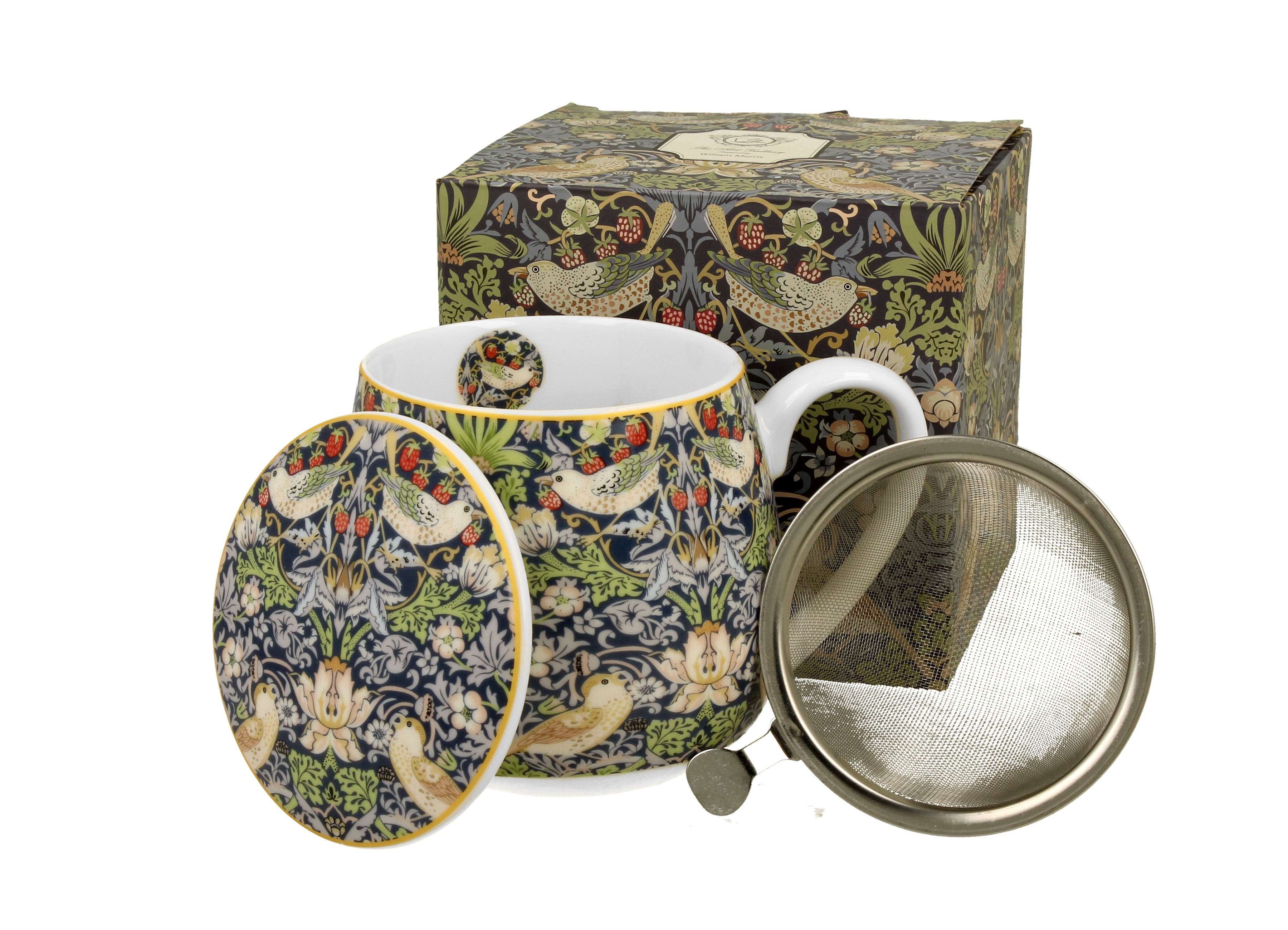 Porcelánový sudový hrnček so sitkom a krytom William Morris - Strawberry Thief Blue 430 ml