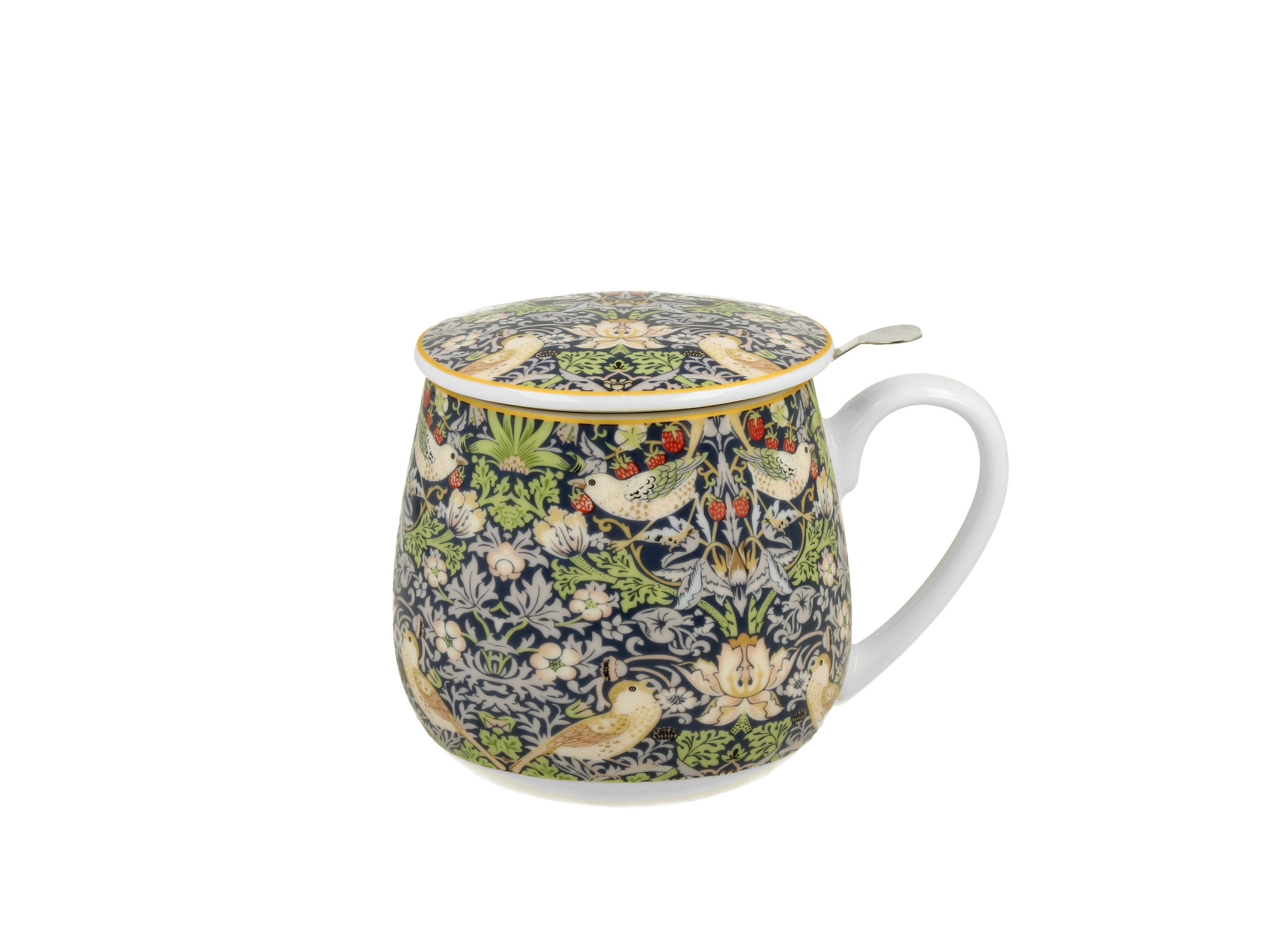Porcelánový sudový hrnček so sitkom a krytom William Morris - Strawberry Thief Blue 430 ml