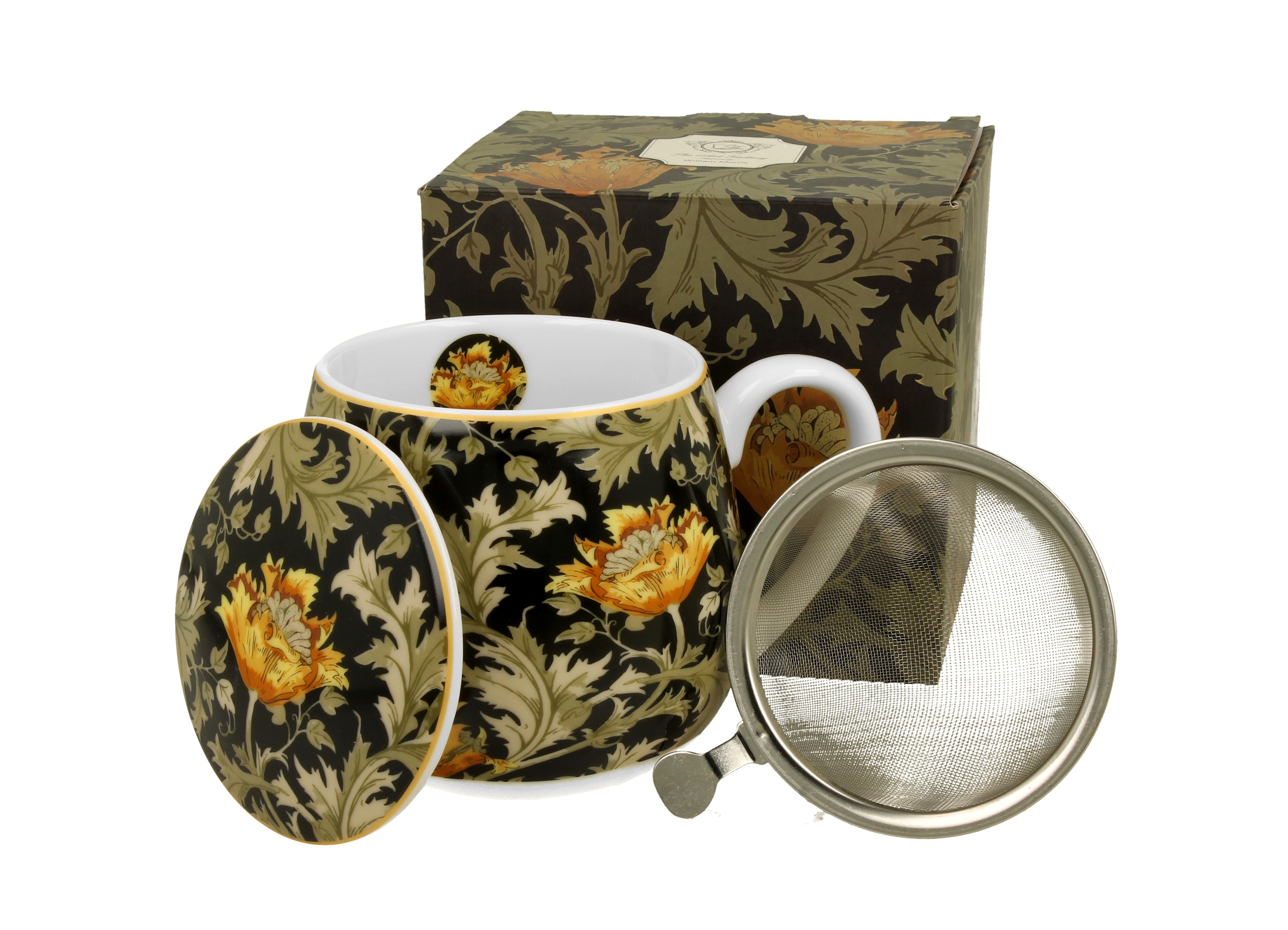 Porcelánový sudový hrnček so sitkom a krytom William Morris -  Chrysanthemum 430 ml