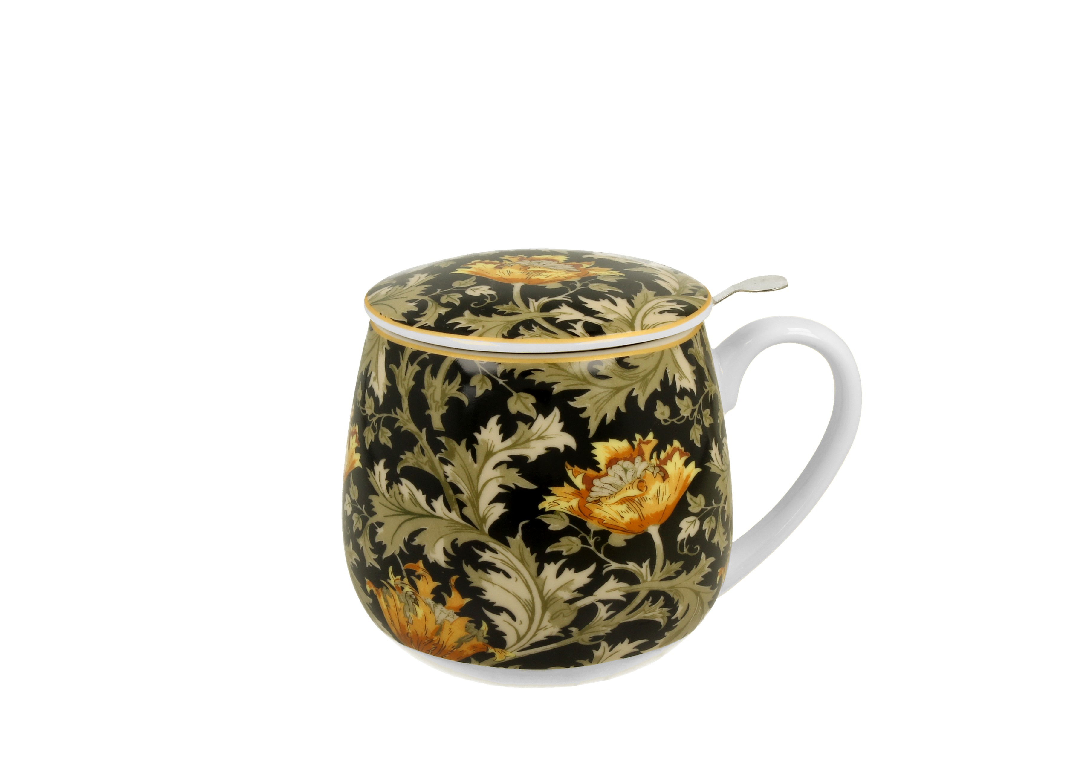 Porcelánový sudový hrnček so sitkom a krytom William Morris -  Chrysanthemum 430 ml