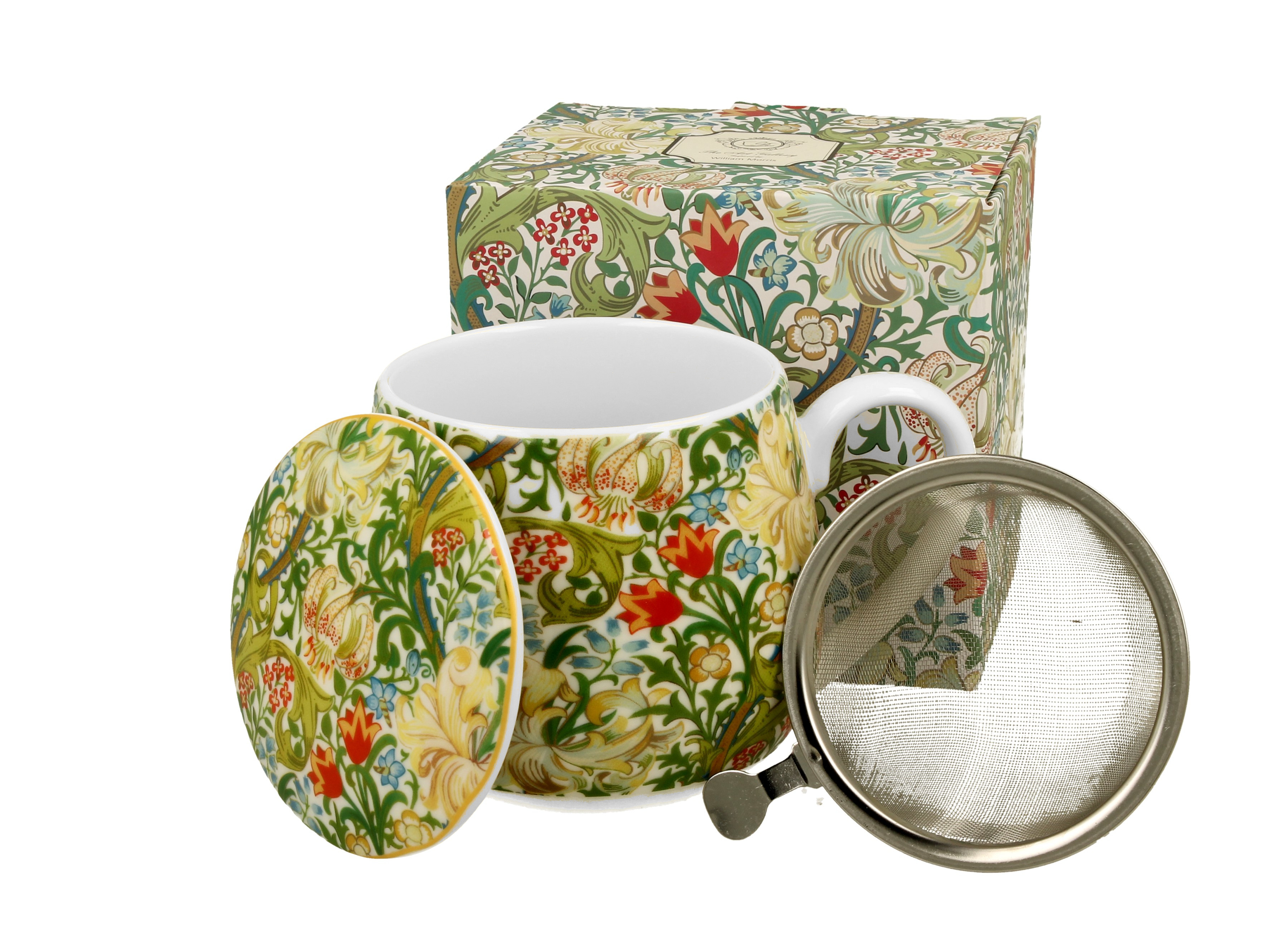 Porcelánový sudový hrnček so sitkom a krytom William Morris - Golden Lilly 430 ml