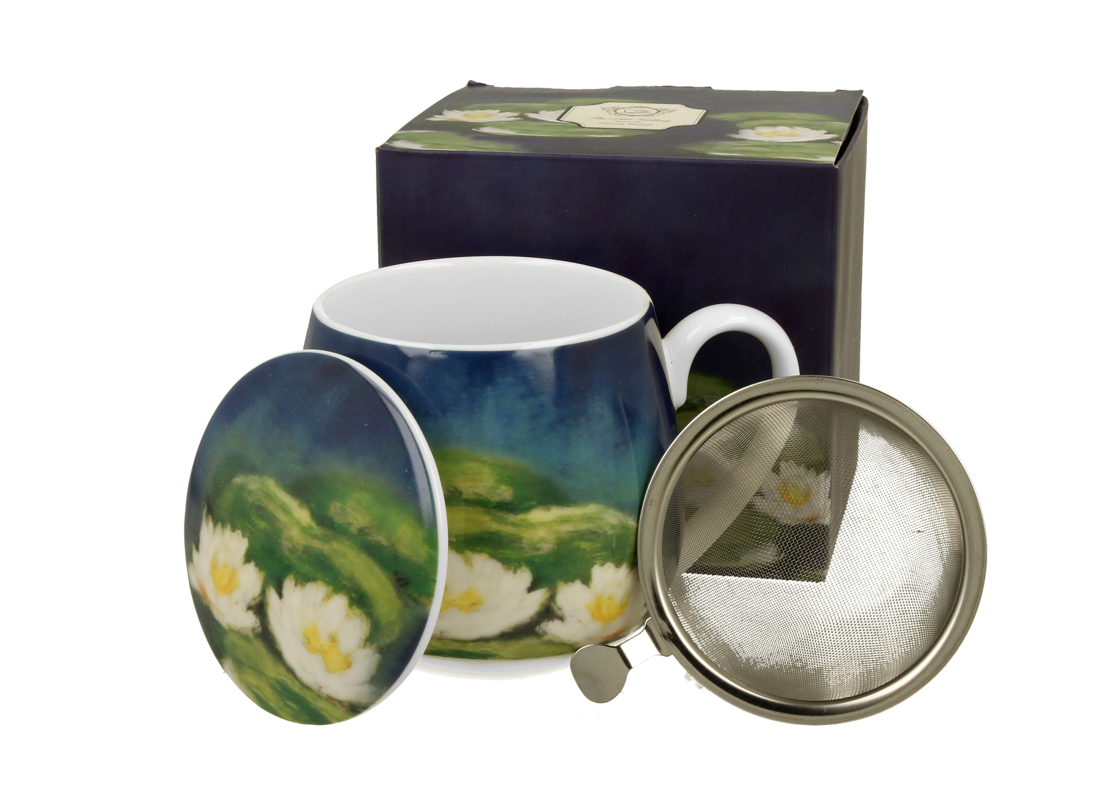 Porcelánový sudový hrnček so sitkom a krytom Claude Monet - Nenufars 430 ml