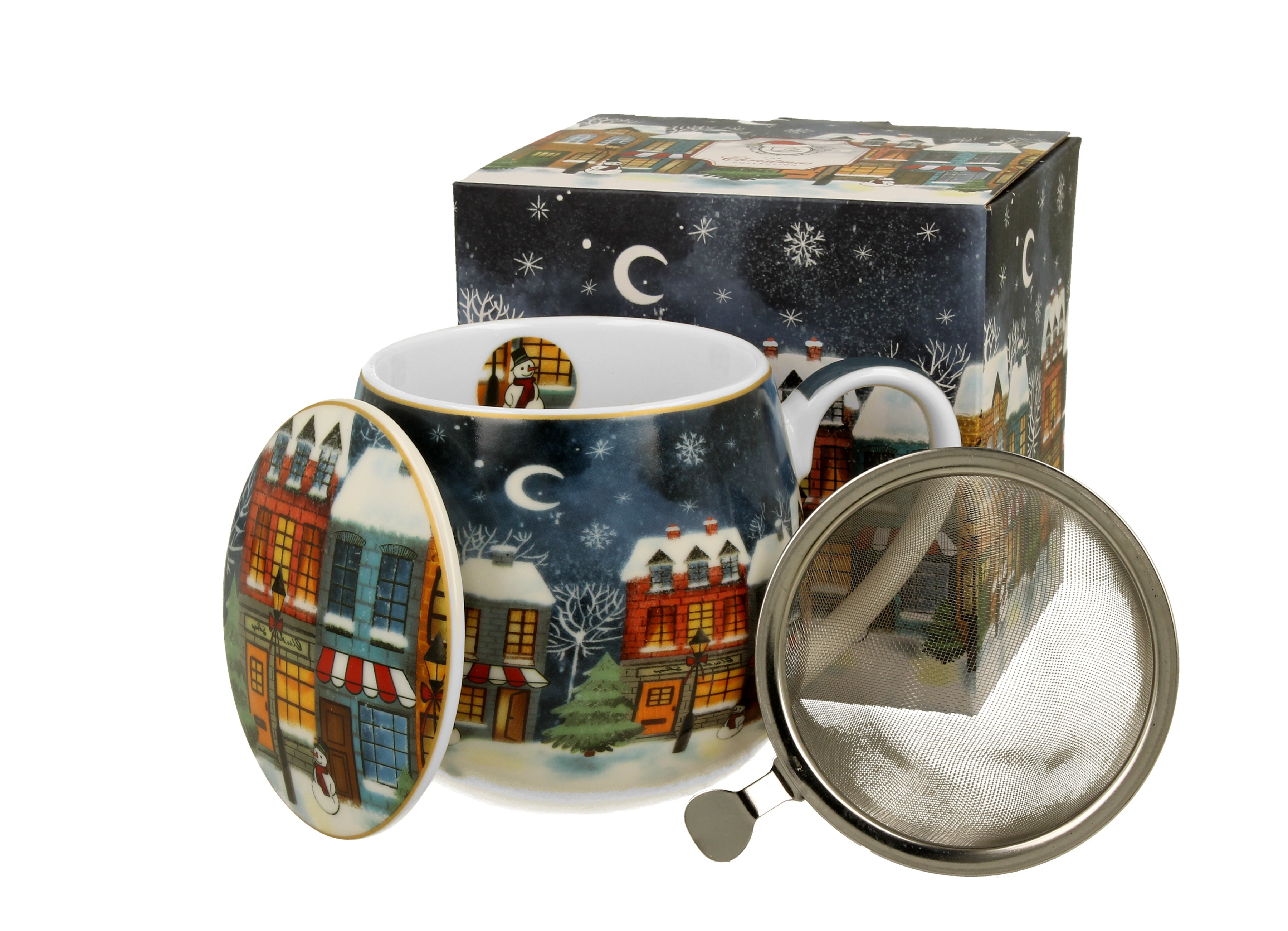 Porcelánový sudový hrnček so sitkom a krytom Vianočné mesto 430 ml