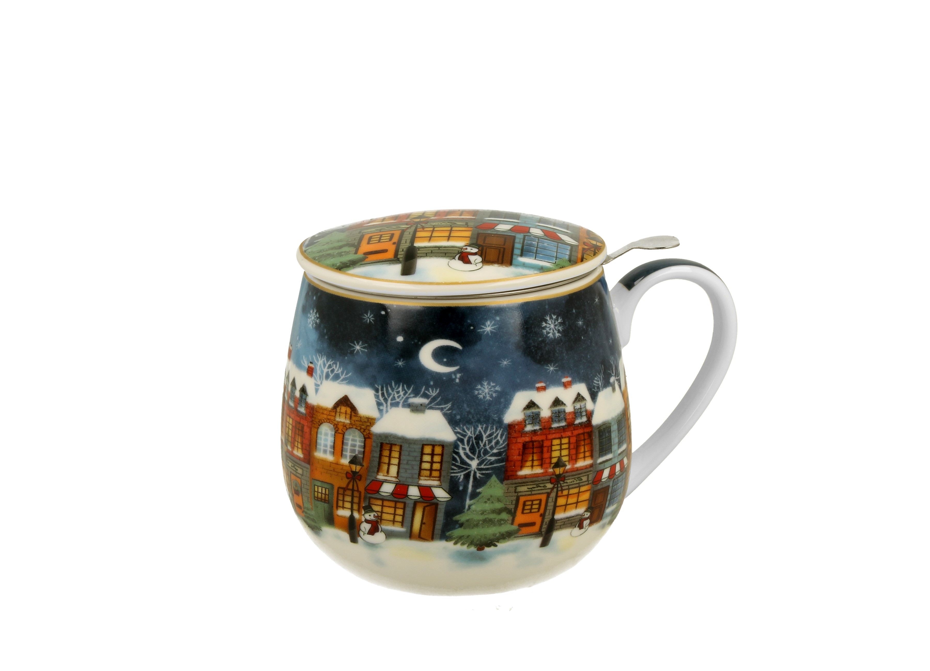 Porcelánový sudový hrnček so sitkom a krytom Vianočné mesto 430 ml