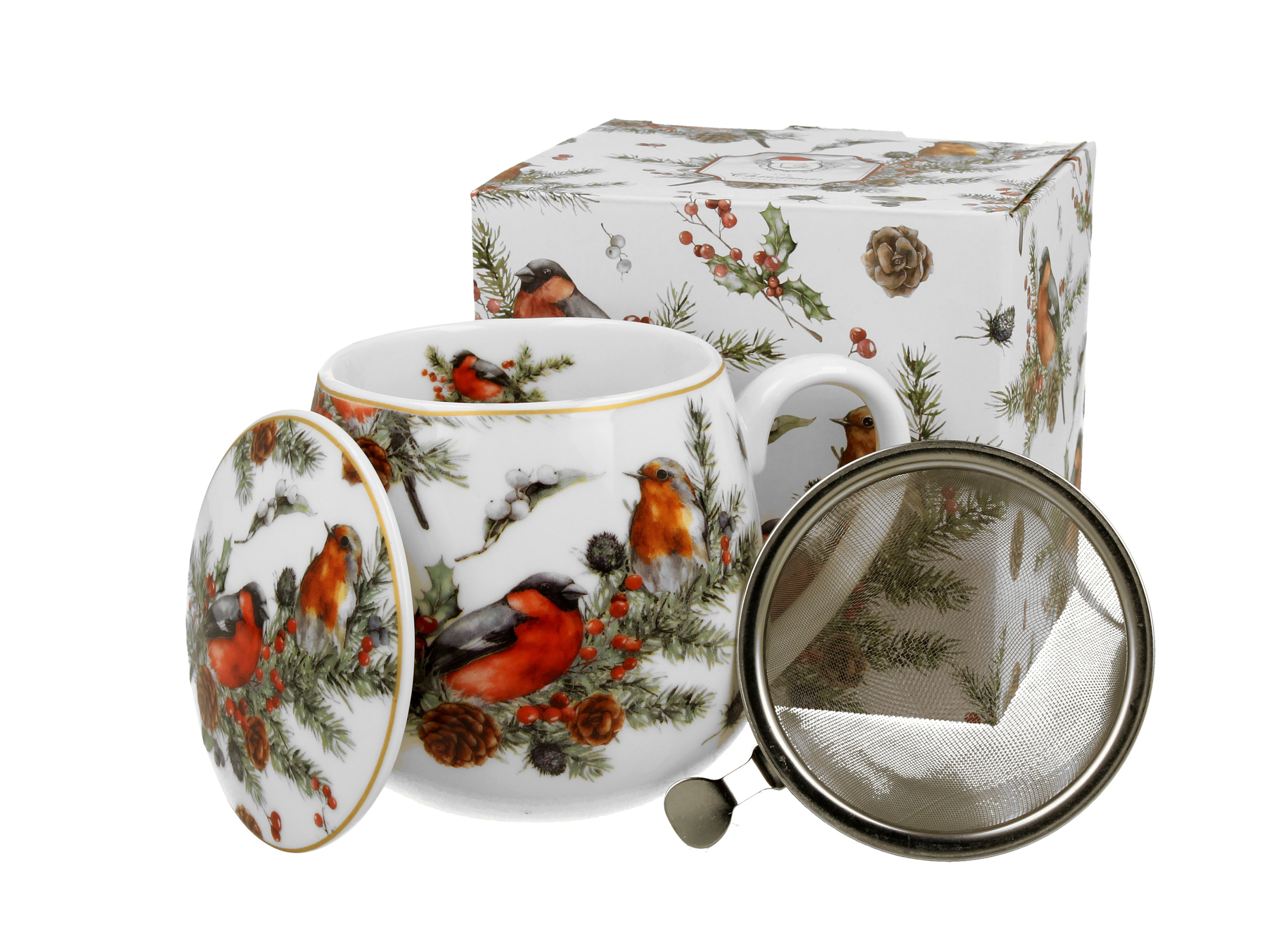 Porcelánový sudový hrnček so sitkom a krytom Vianočné vtáky 430 ml