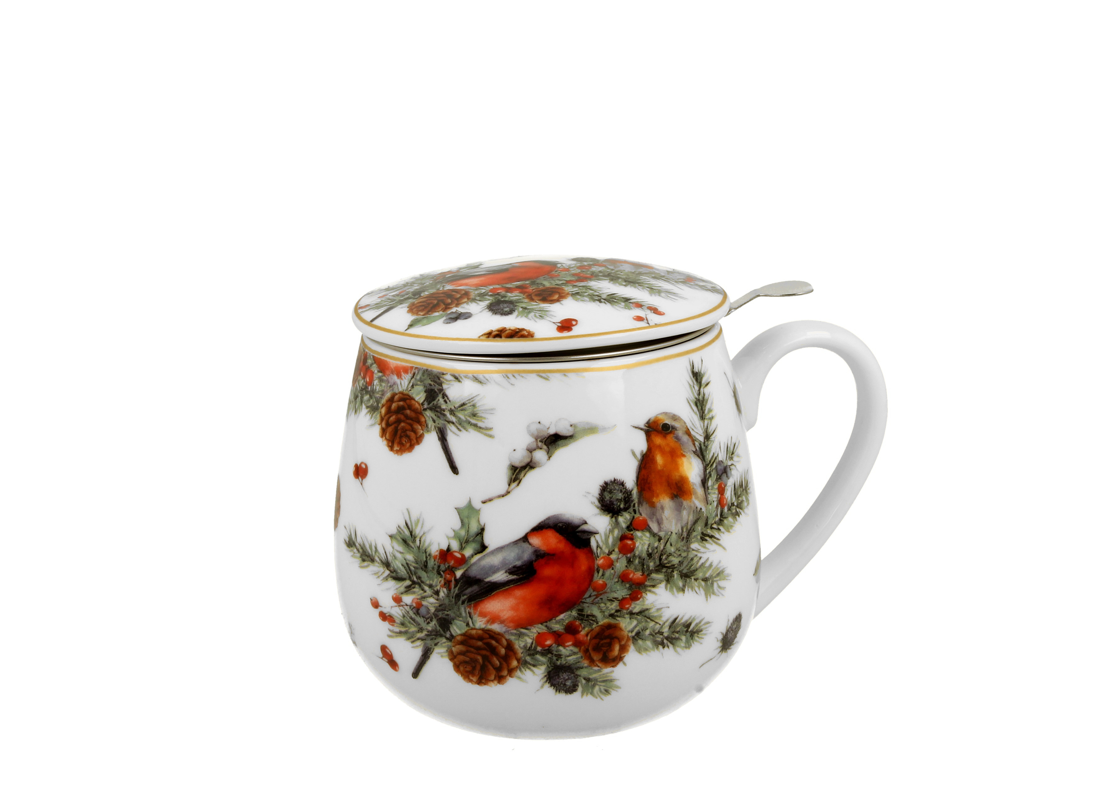 Porcelánový sudový hrnček so sitkom a krytom Vianočné vtáky 430 ml