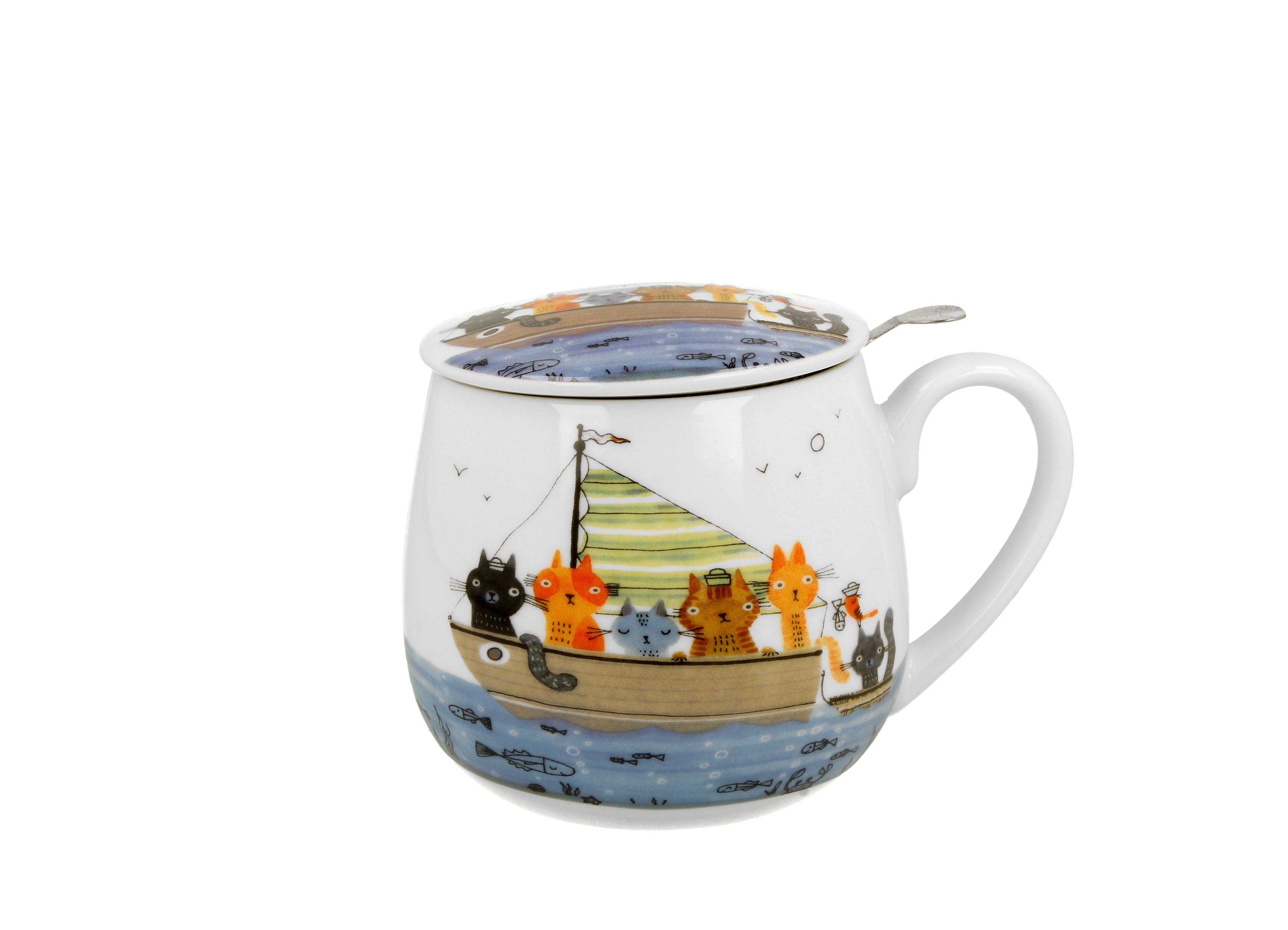 Porcelánový sudový hrnček so sitkom a krytom Mačacia posádka 430 ml