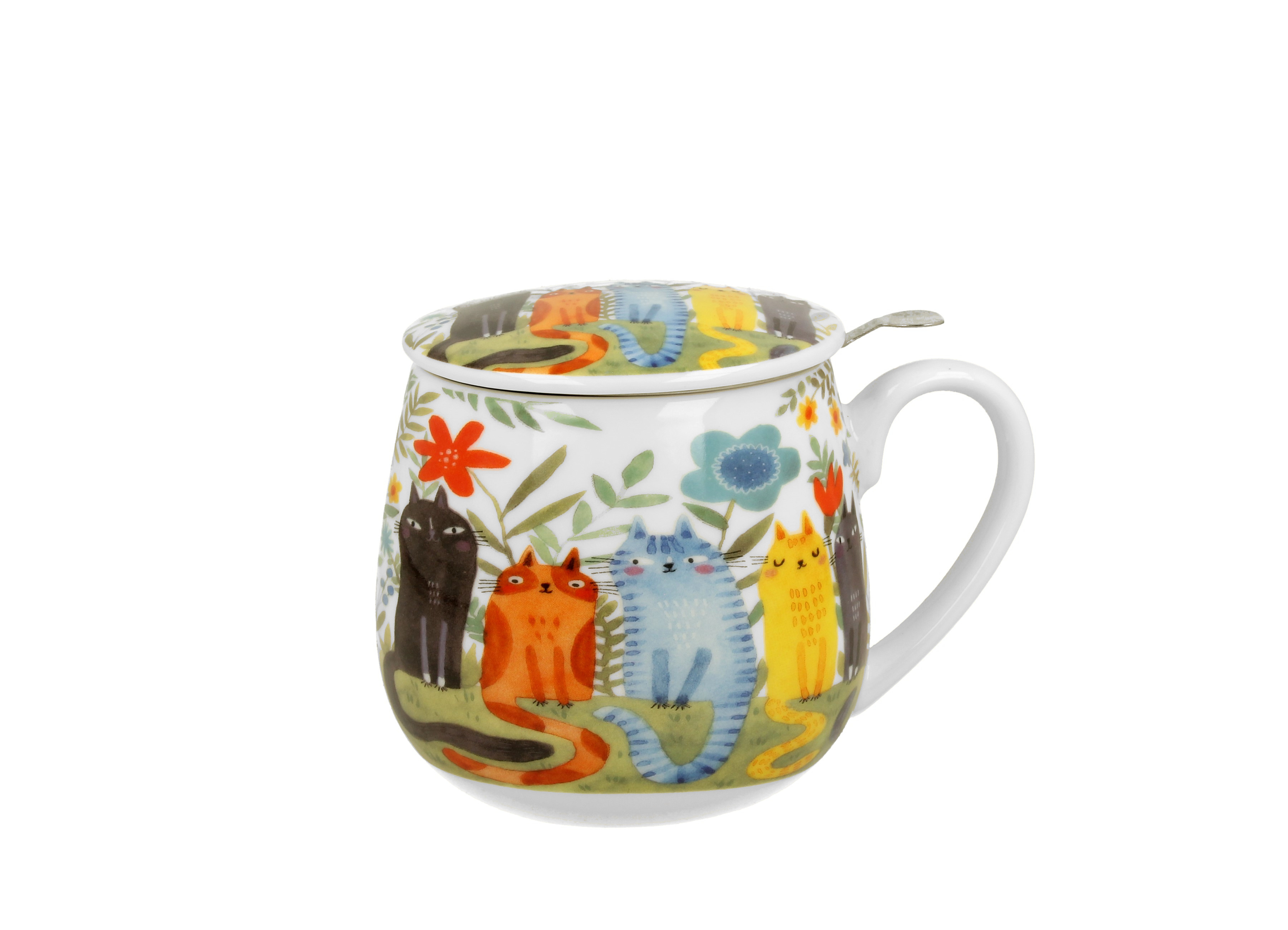 Porcelánový sudový hrnček so sitkom a krytom Mačky v záhrade 430 ml