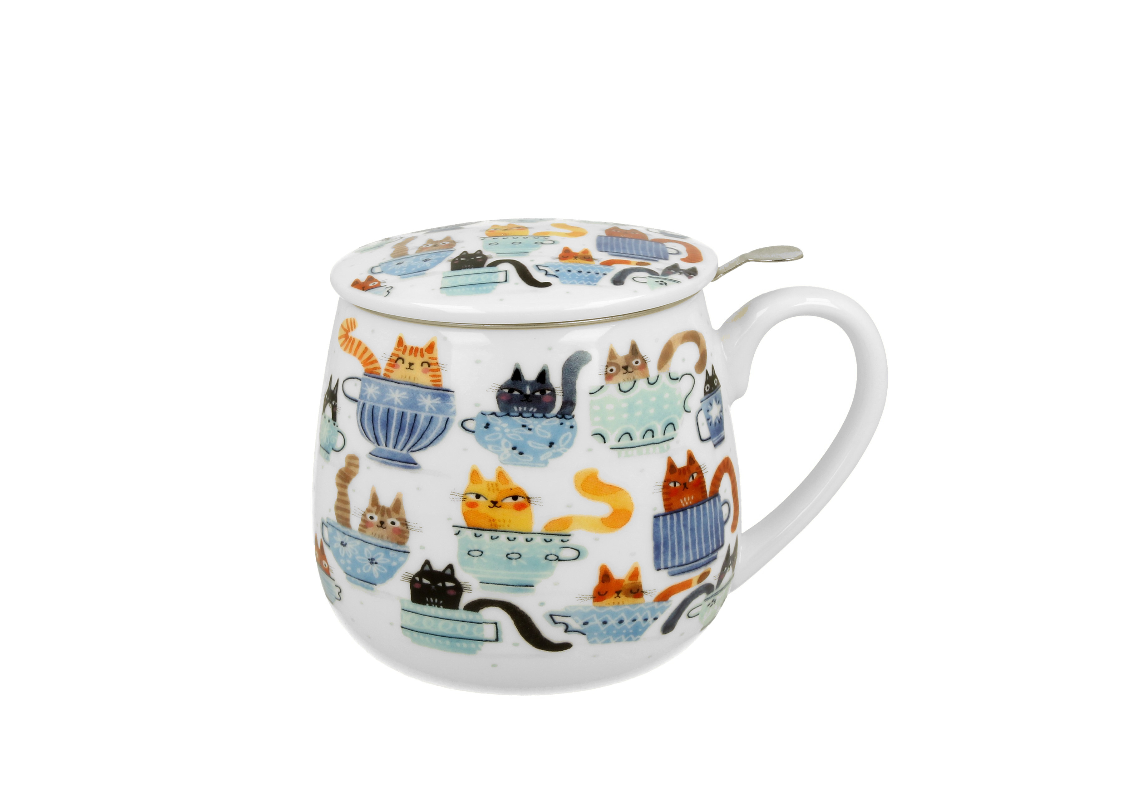 Porcelánový sudový hrnček so sitkom a krytom Mačky v šálkach 430 ml