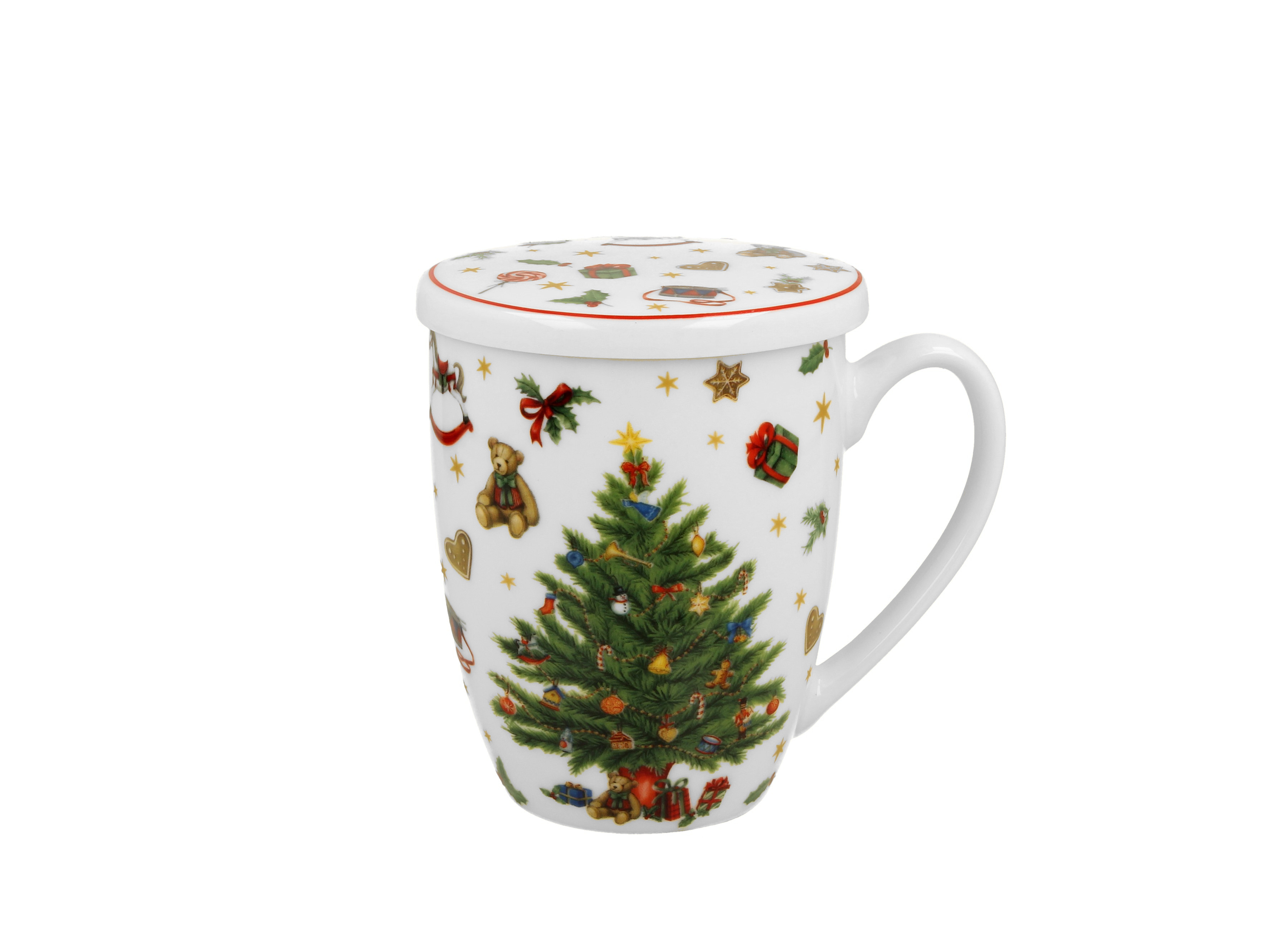 Porcelánový hrnček so sitkom a krytom Vianočný strom 360 ml