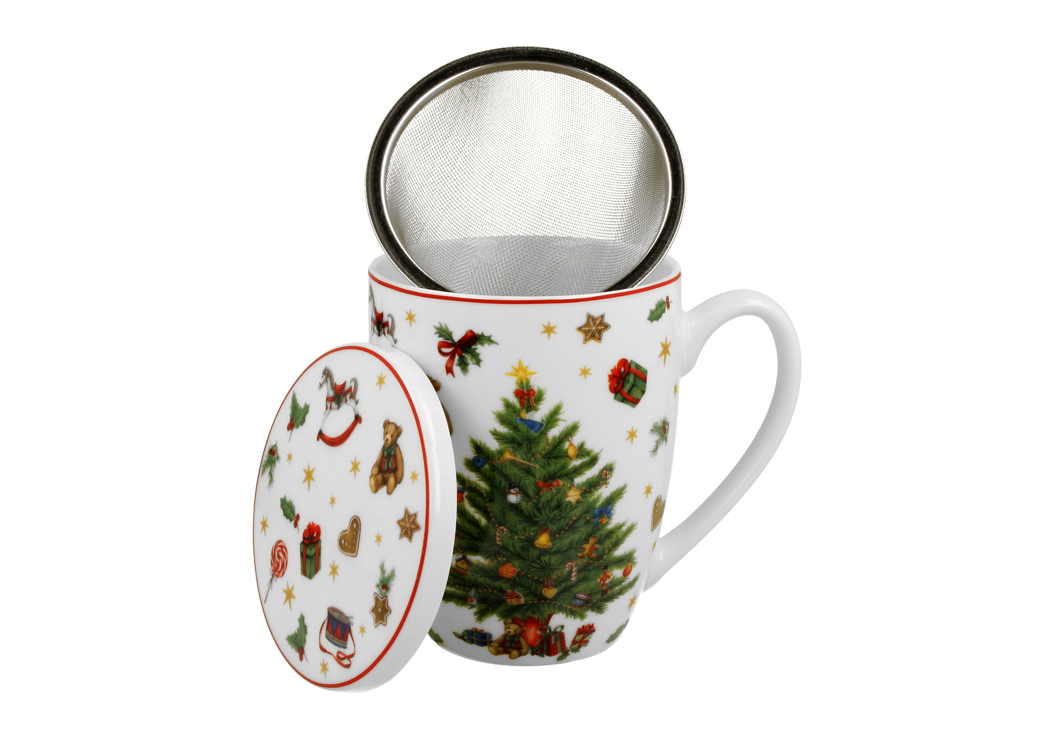 Porcelánový hrnček so sitkom a krytom Vianočný strom 360 ml