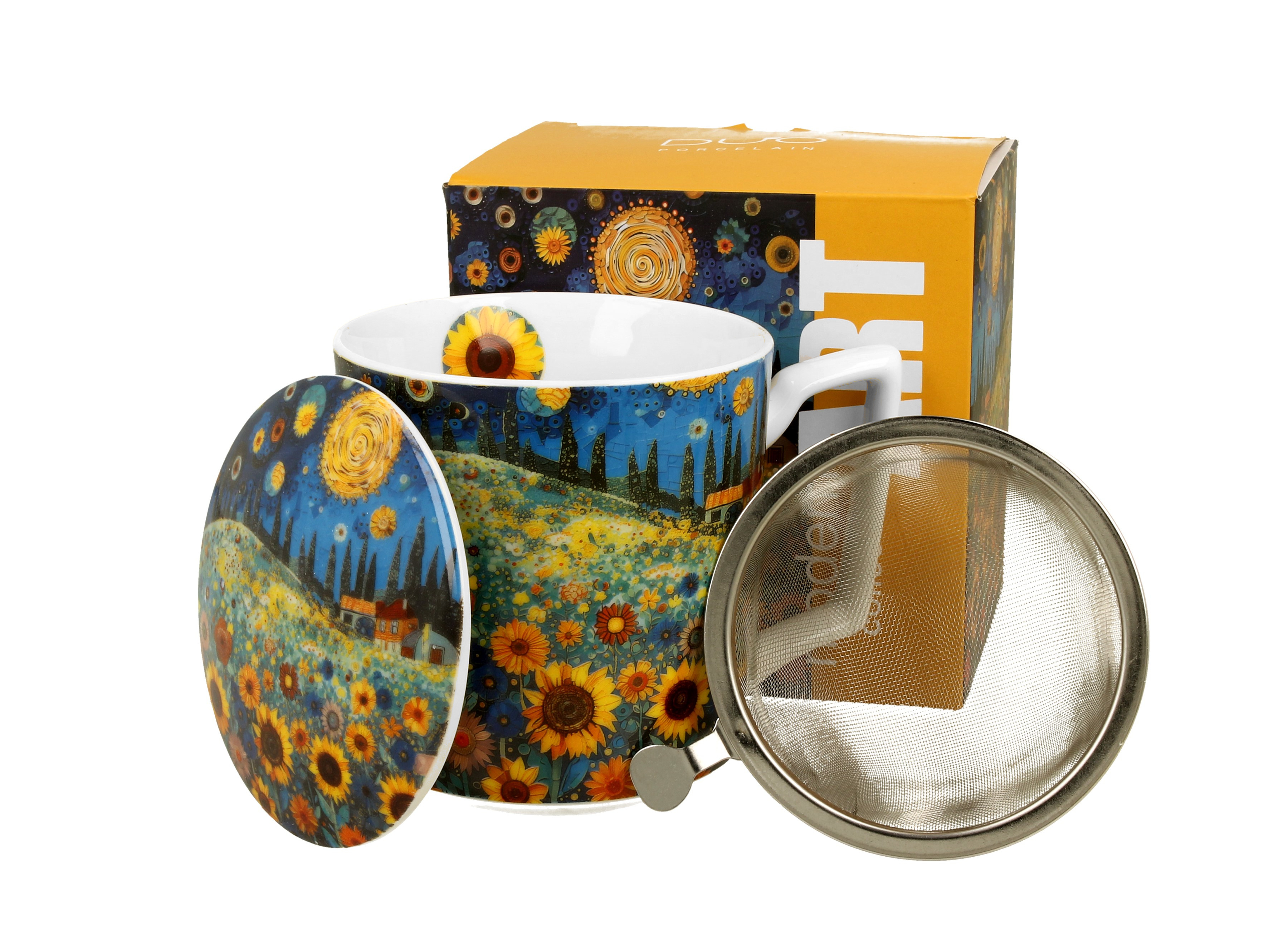 Porcelánový hrnček so sitkom a krytom Slnečnicové pole 450 ml