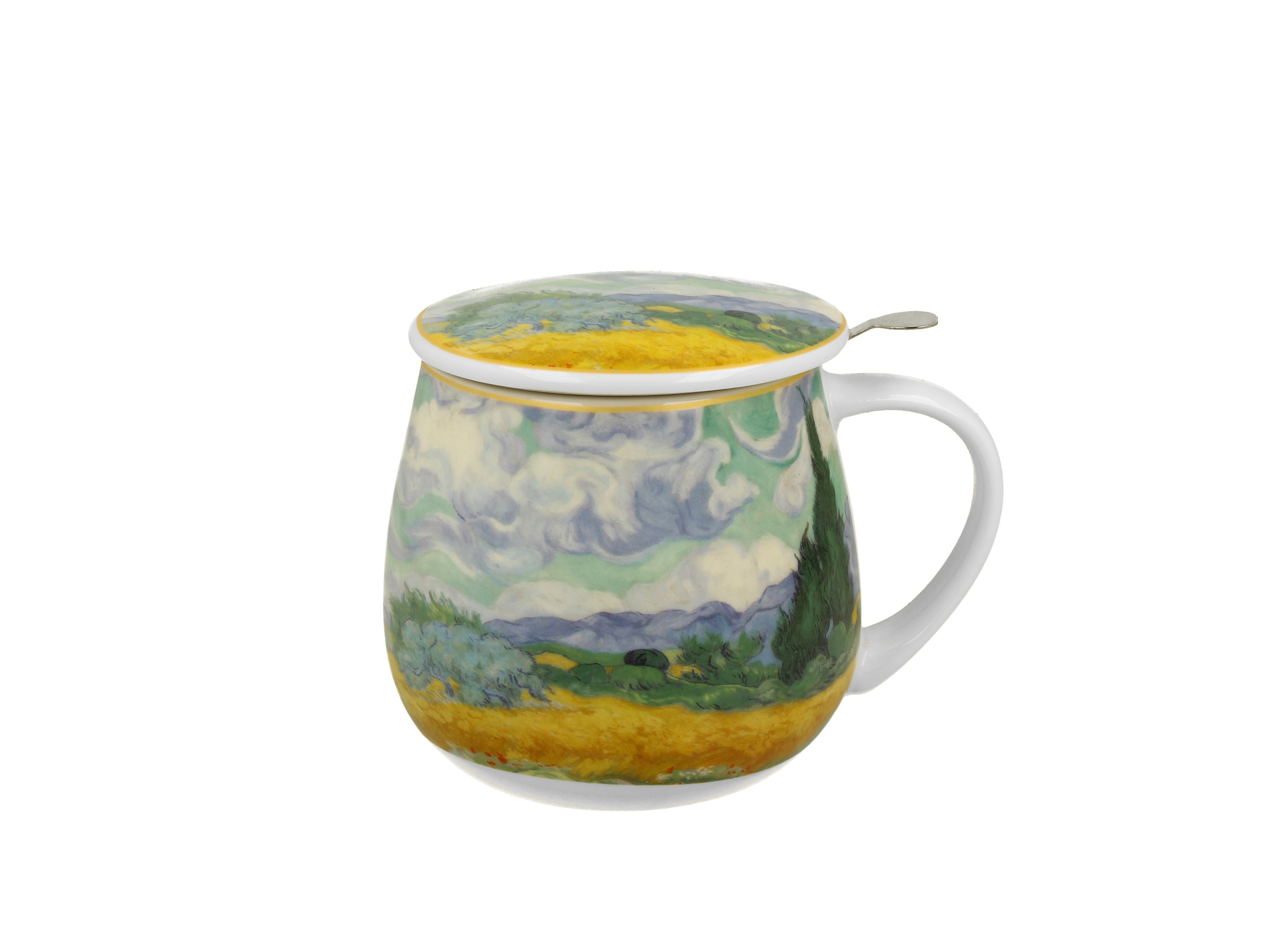 Porcelánový sudový hrnček so sitkom a krytom Vincent Van Gogh - Wheat Field 430 ml