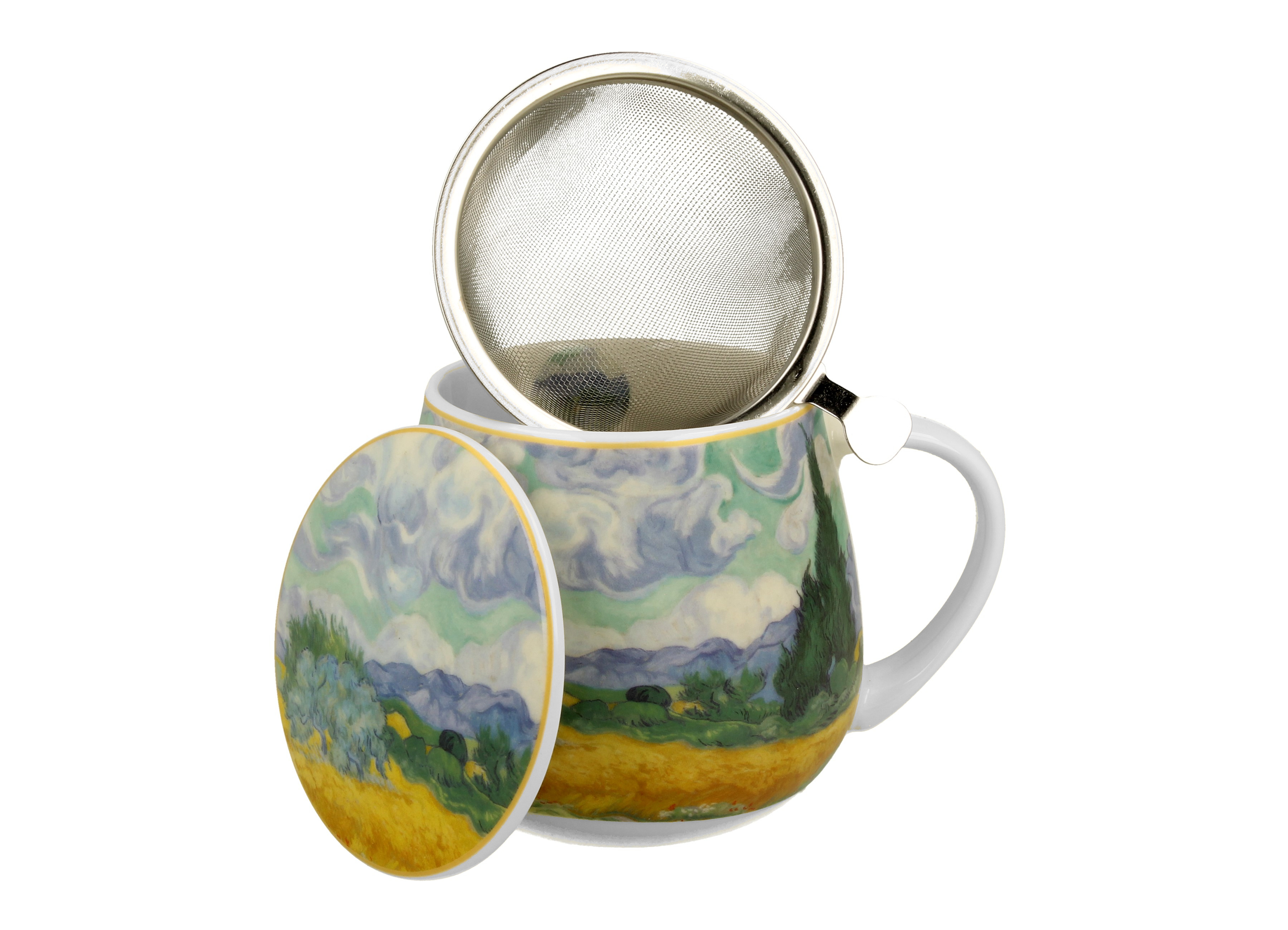 Porcelánový sudový hrnček so sitkom a krytom Vincent Van Gogh - Wheat Field 430 ml