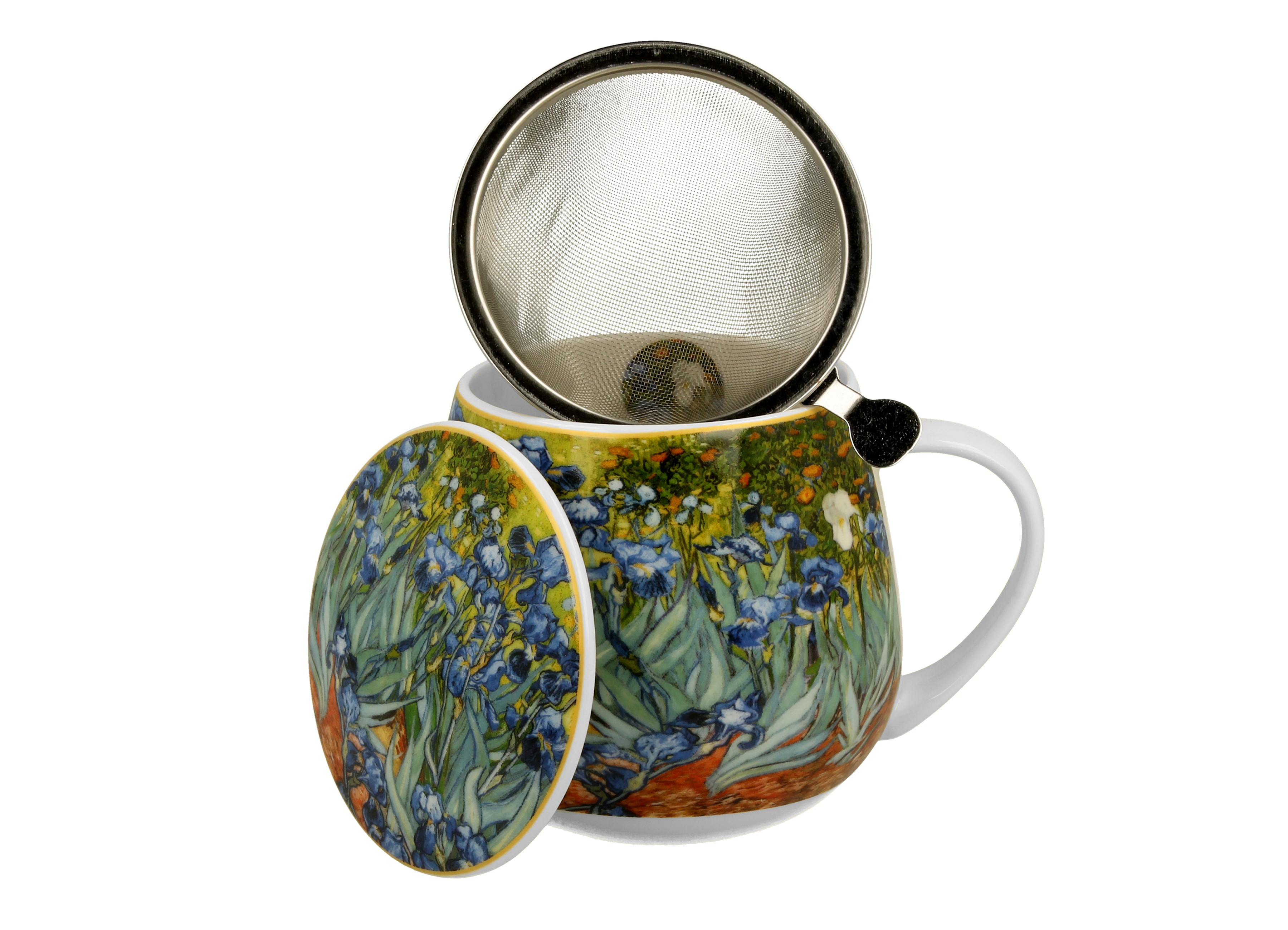 Porcelánový sudový hrnček so sitkom a krytom Vincent Van Gogh - Irises 430 ml