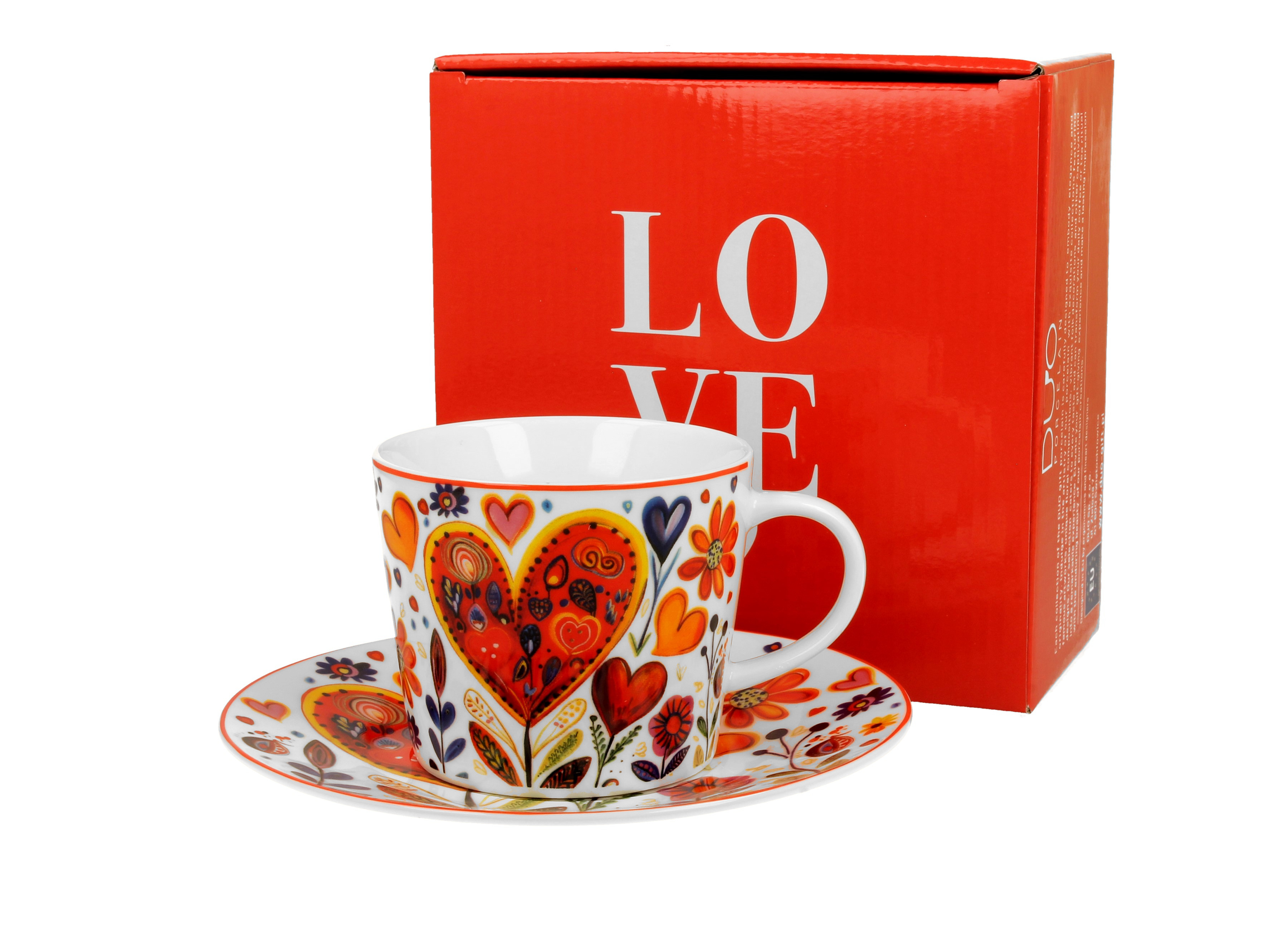 Porcelánová šálka s podšálkou Farebné srdcia veľké 220 ml