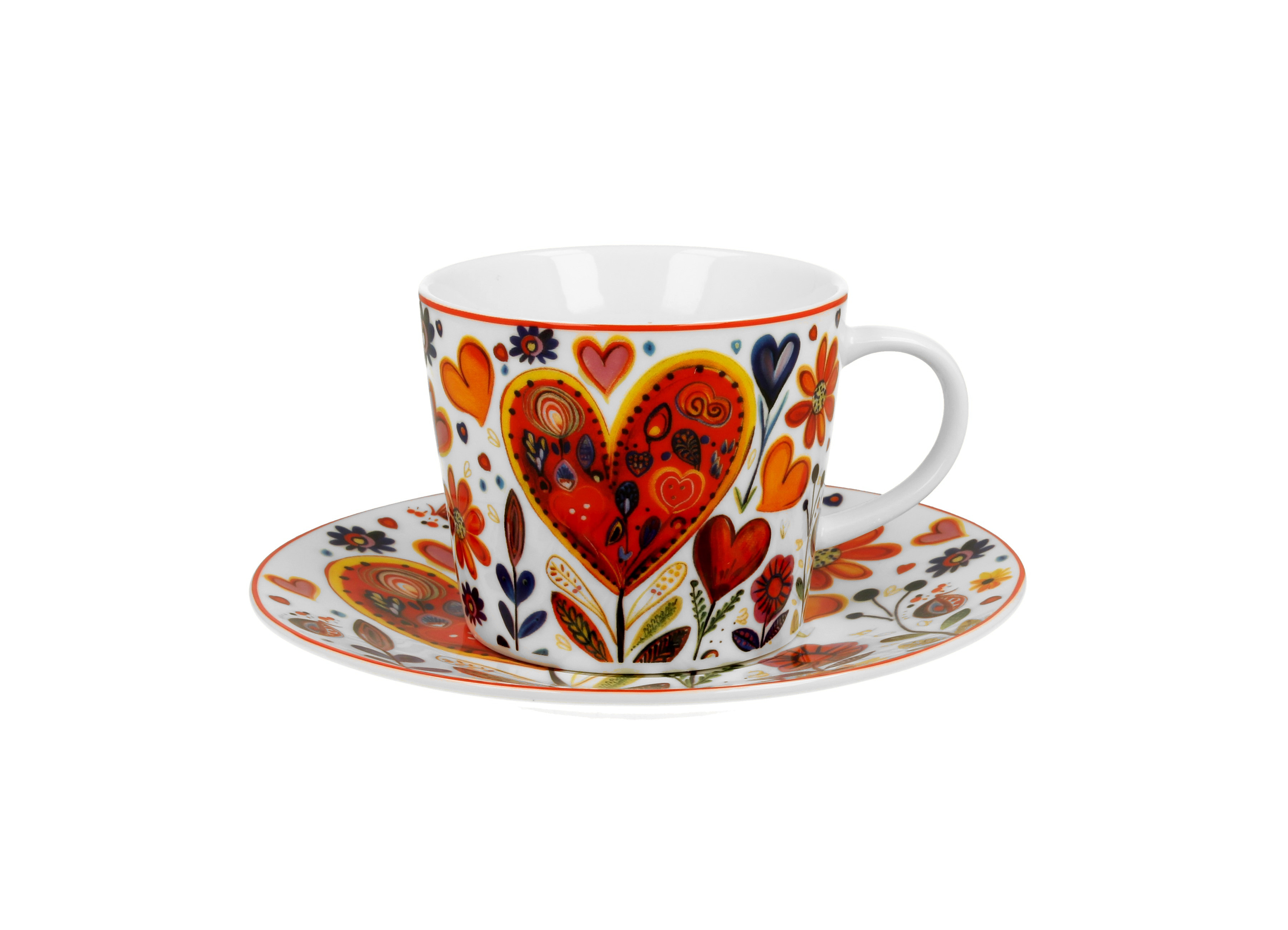 Porcelánová šálka s podšálkou Farebné srdcia veľké 220 ml
