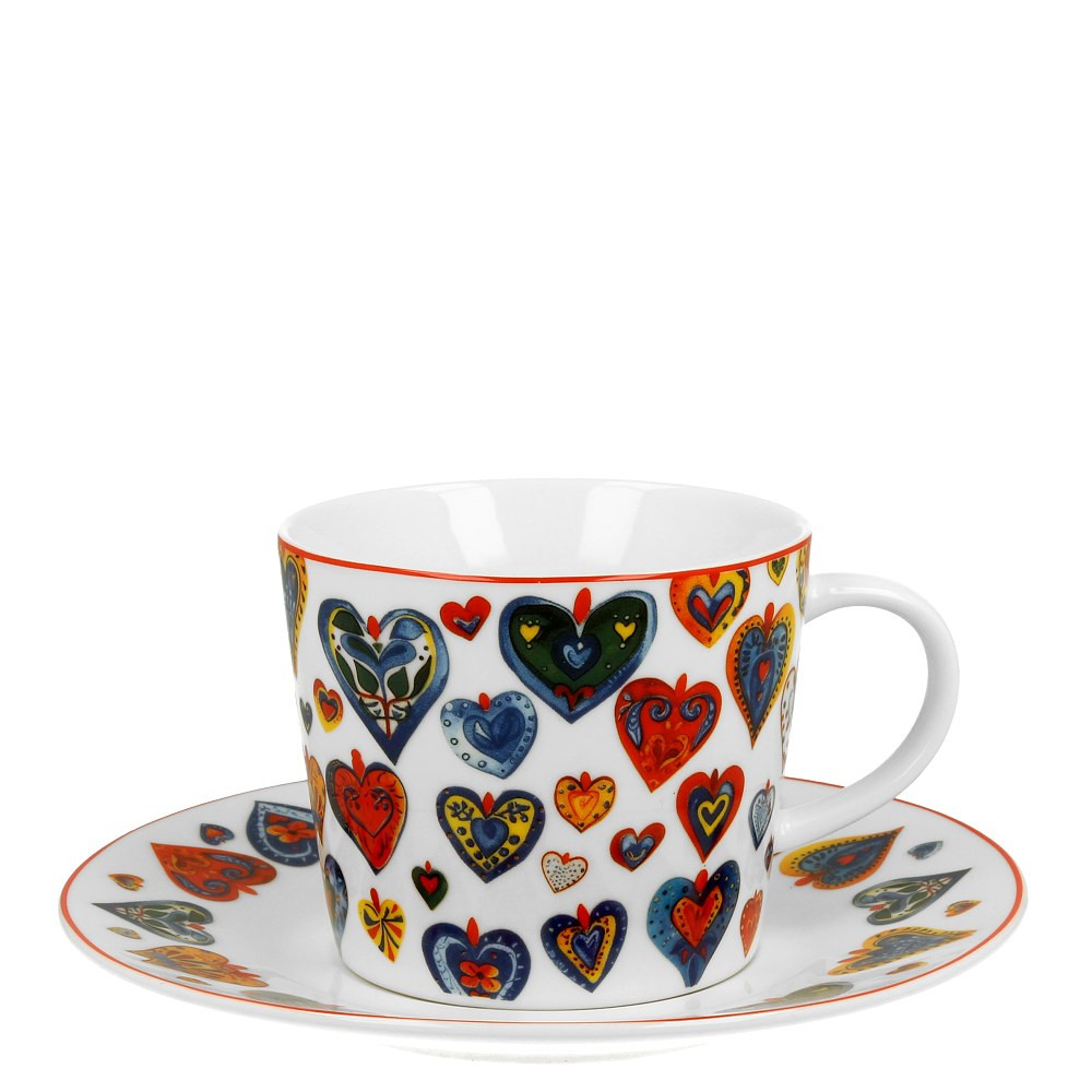 Porcelánová šálka s podšálkou Farebné srdcia malé 220 ml