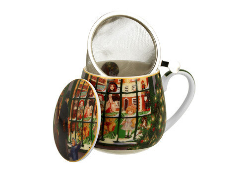 Porcelánový sudový hrnček so sitkom a krytom Vianočné okno 430 ml