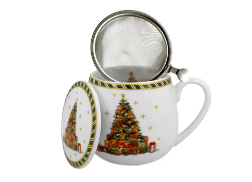 Porcelánový sudový hrnček so sitkom a krytom Vianočný strom 430 ml