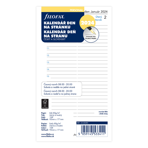 Kalendár Filofax osobný A6 deň/1 strana ČJ+SJ 2024, linajkový