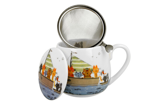 Porcelánový sudový hrnček so sitkom a krytom Mačacia posádka 430 ml